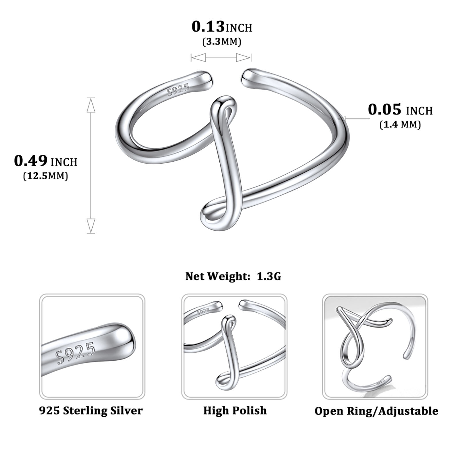 Simple Initial Letter Monogram A-Z Adjustable Ring Details: Dimensions, Hypoallergenic, Adjustable size for 6~11