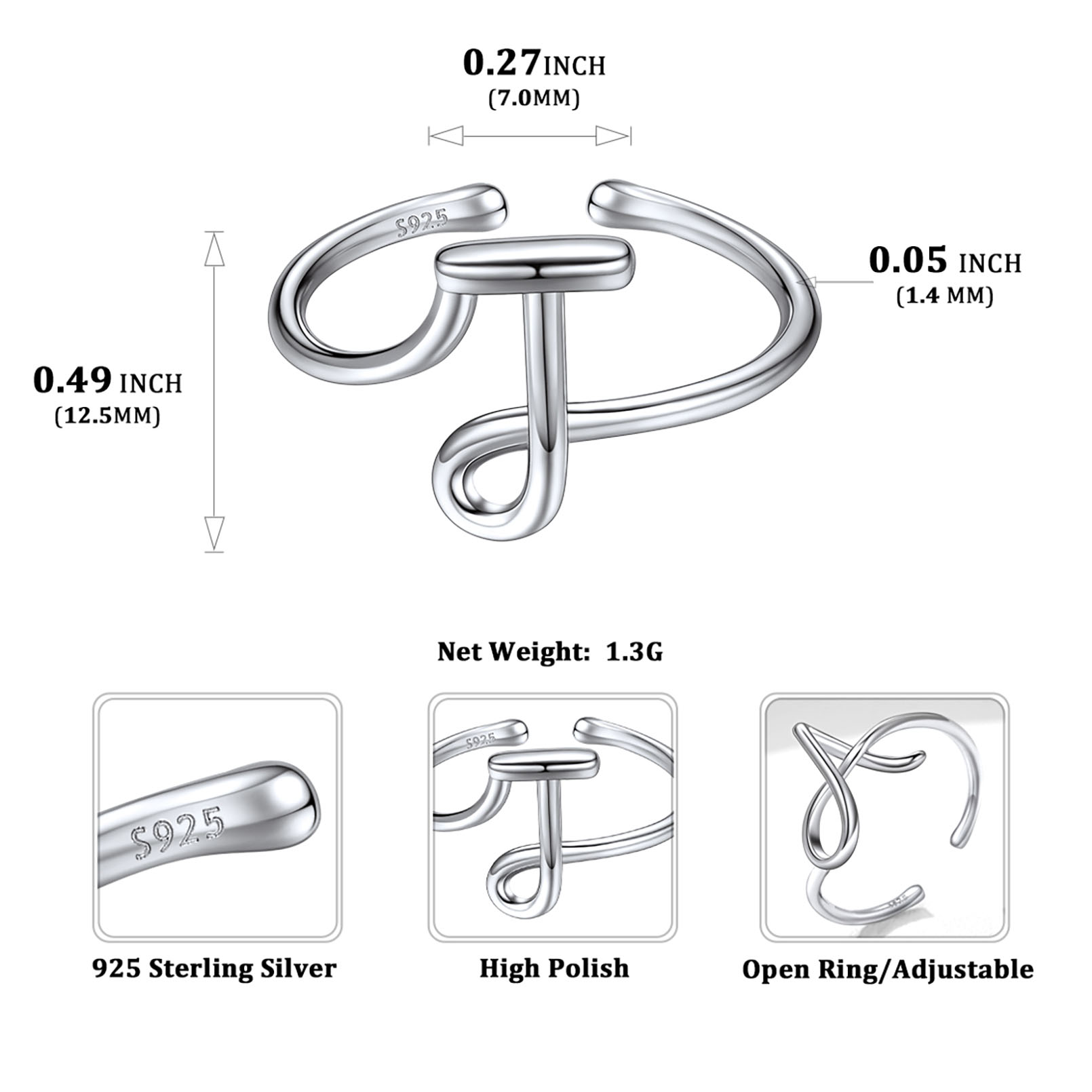 Simple Initial Letter Monogram A-Z Adjustable Ring Details: Dimensions, Hypoallergenic, Adjustable size for 6~11