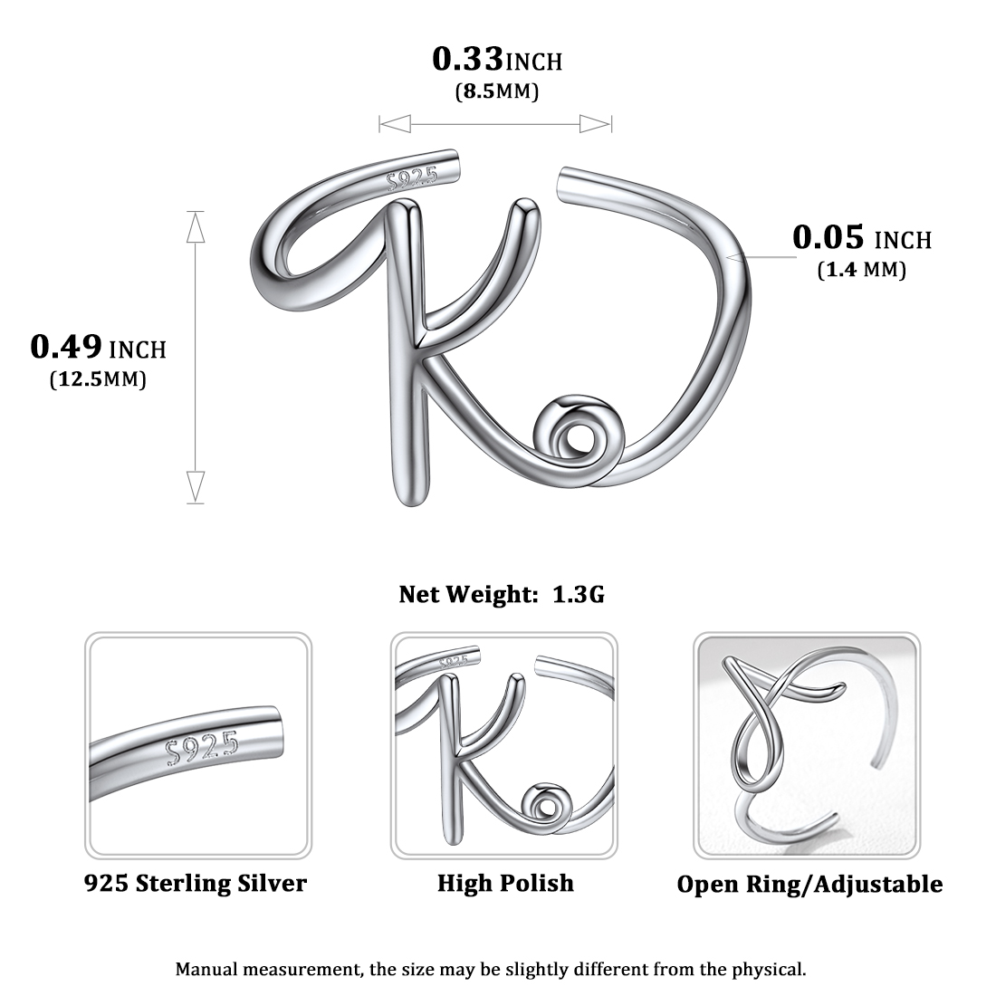 Simple Initial Letter Monogram A-Z Adjustable Ring Details: Dimensions, Hypoallergenic, Adjustable size for 6~11