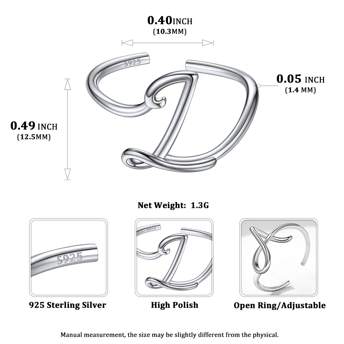 Simple Initial Letter Monogram A-Z Adjustable Ring Details: Dimensions, Hypoallergenic, Adjustable size for 6~11
