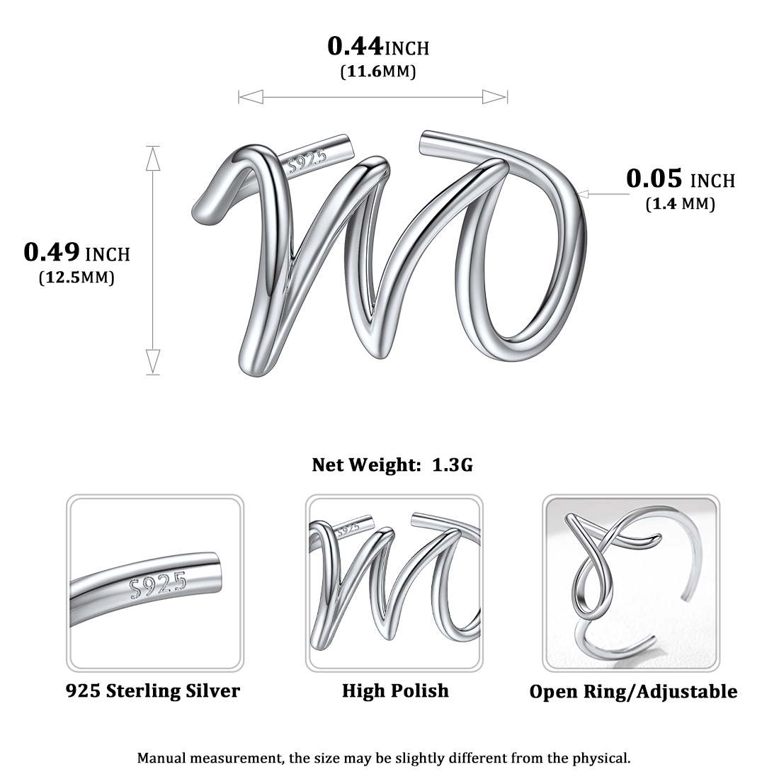 Simple Initial Letter Monogram A-Z Adjustable Ring Details: Dimensions, Hypoallergenic, Adjustable size for 6~11