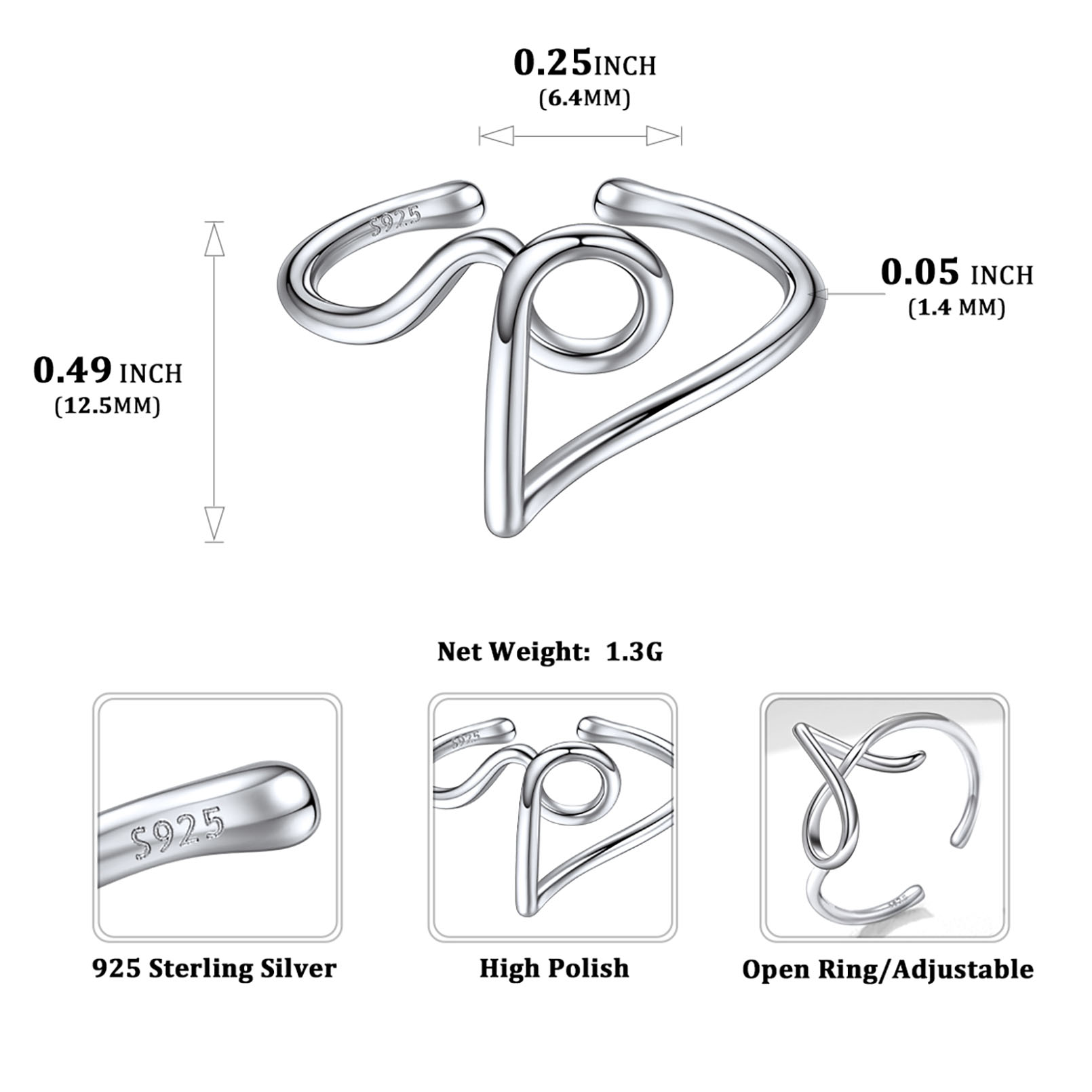 Simple Initial Letter Monogram A-Z Adjustable Ring Details: Dimensions, Hypoallergenic, Adjustable size for 6~11