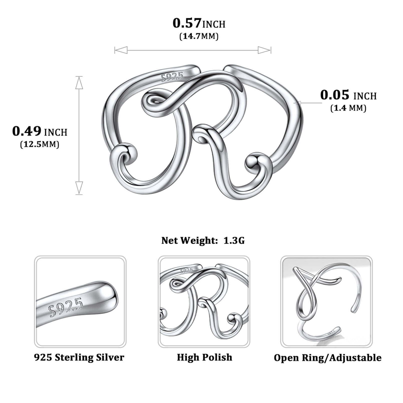 Simple Initial Letter Monogram A-Z Adjustable Ring Details: Dimensions, Hypoallergenic, Adjustable size for 6~11