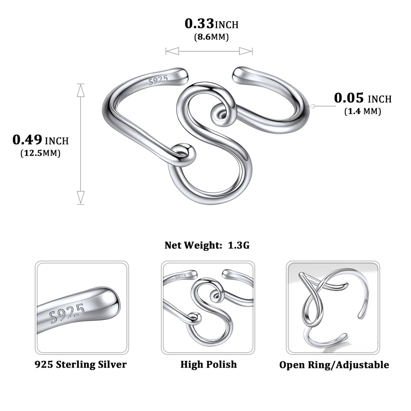 Simple Initial Letter Monogram A-Z Adjustable Ring Details: Dimensions, Hypoallergenic, Adjustable size for 6~11