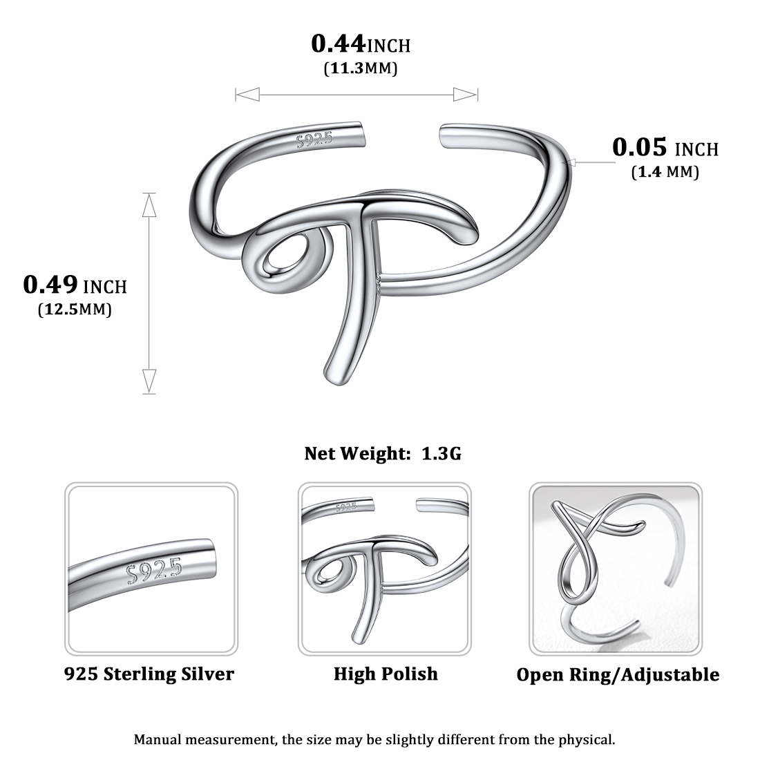 Simple Initial Letter Monogram A-Z Adjustable Ring Details: Dimensions, Hypoallergenic, Adjustable size for 6~11