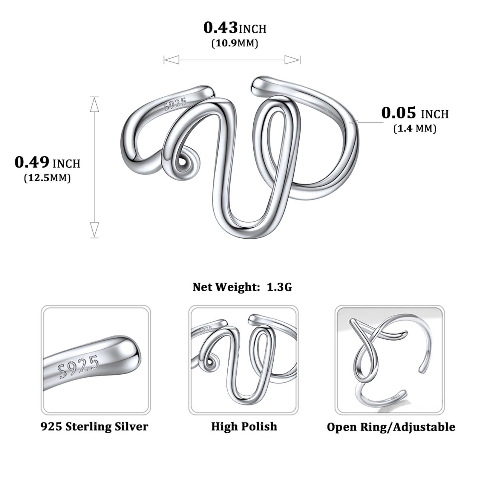 Simple Initial Letter Monogram A-Z Adjustable Ring Details: Dimensions, Hypoallergenic, Adjustable size for 6~11