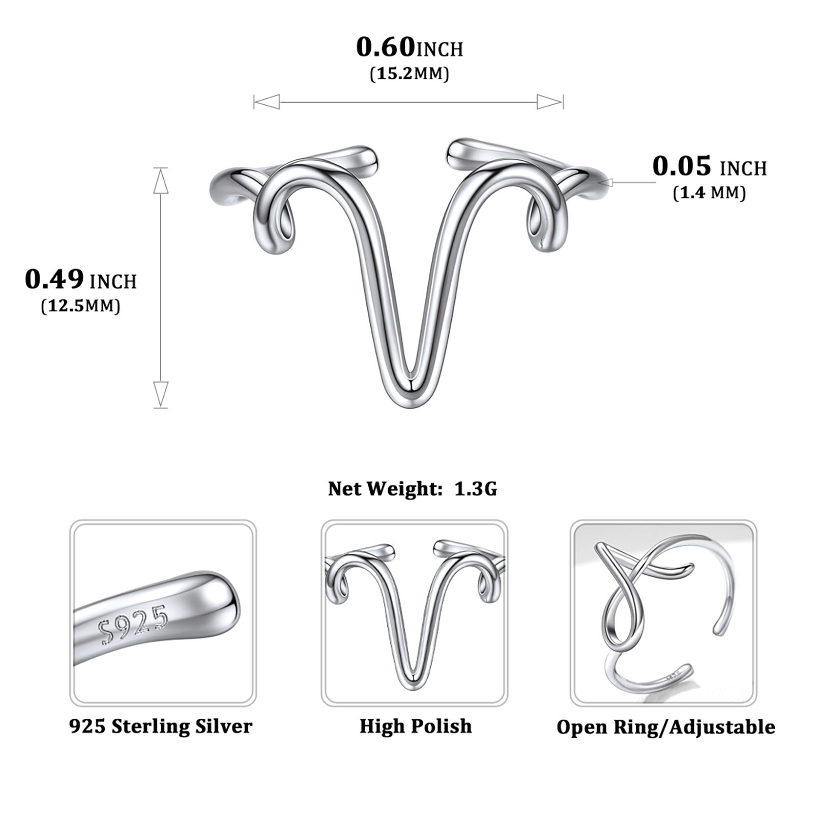 Simple Initial Letter Monogram A-Z Adjustable Ring Details: Dimensions, Hypoallergenic, Adjustable size for 6~11