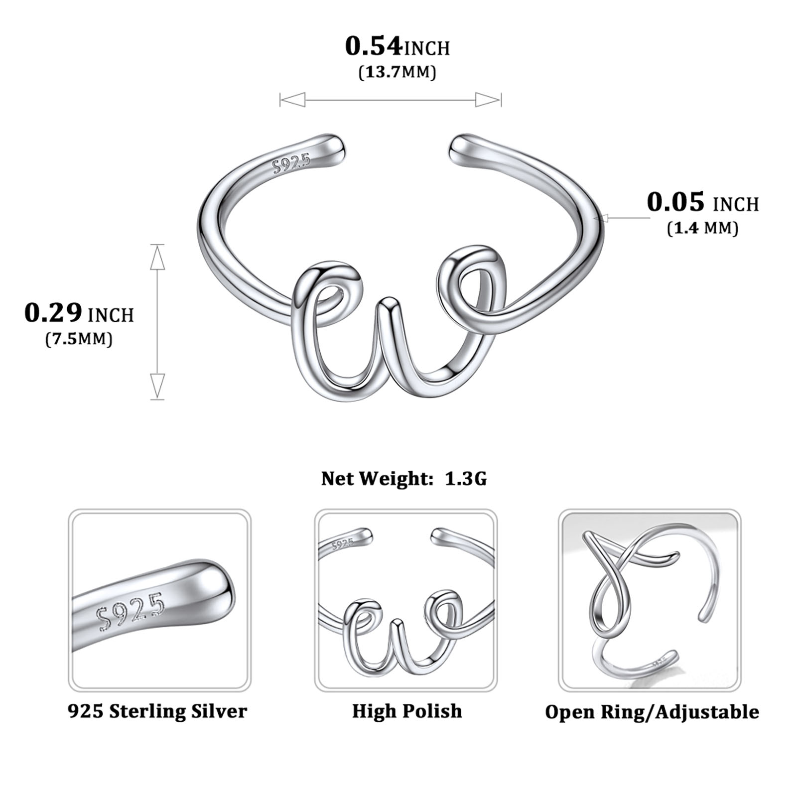 Simple Initial Letter Monogram A-Z Adjustable Ring Details: Dimensions, Hypoallergenic, Adjustable size for 6~11