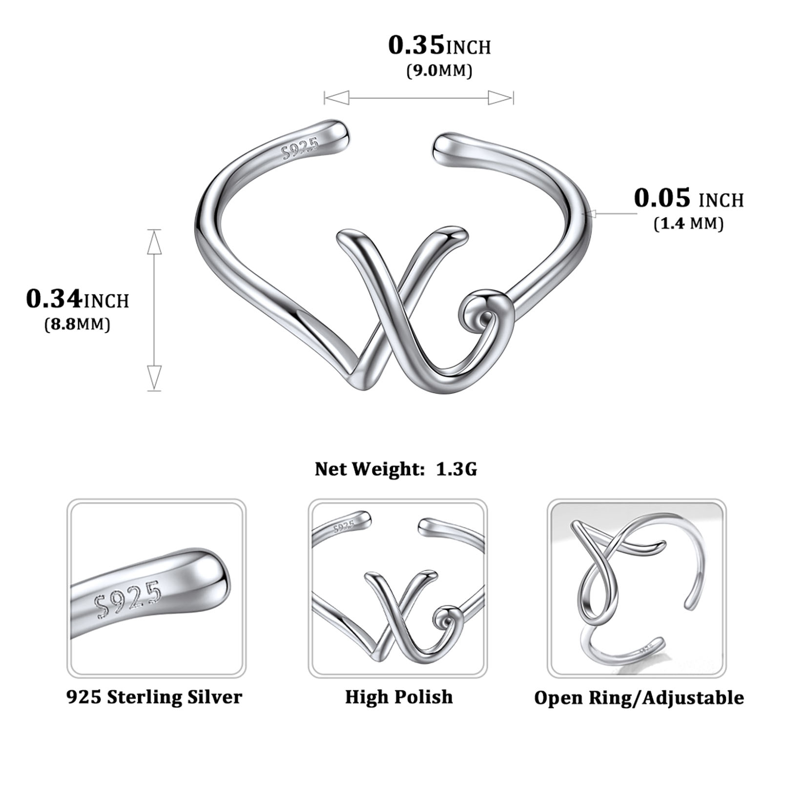 Simple Initial Letter Monogram A-Z Adjustable Ring Details: Dimensions, Hypoallergenic, Adjustable size for 6~11