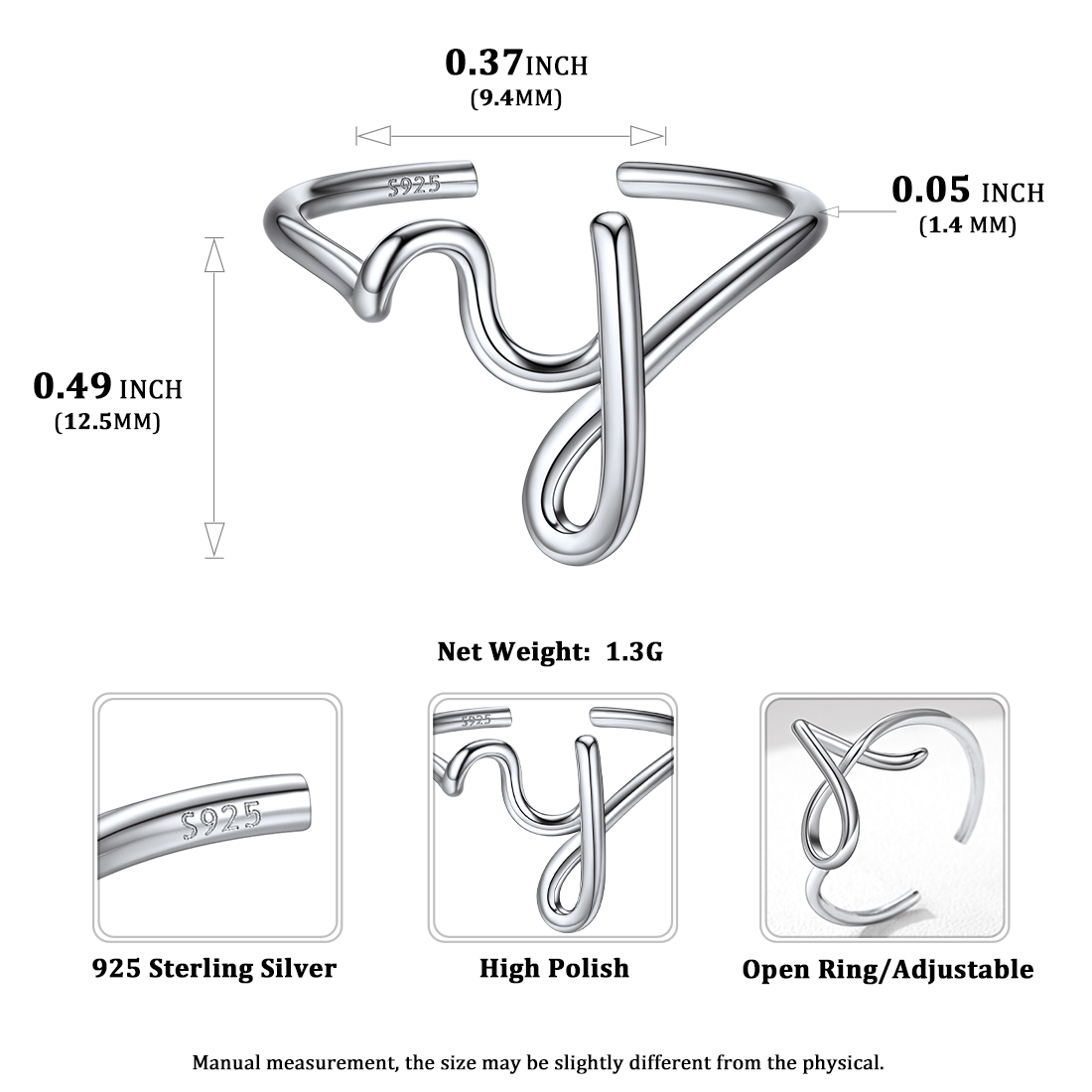 Simple Initial Letter Monogram A-Z Adjustable Ring Details: Dimensions, Hypoallergenic, Adjustable size for 6~11