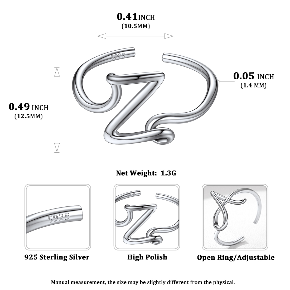 Simple Initial Letter Monogram A-Z Adjustable Ring Details: Dimensions, Hypoallergenic, Adjustable size for 6~11