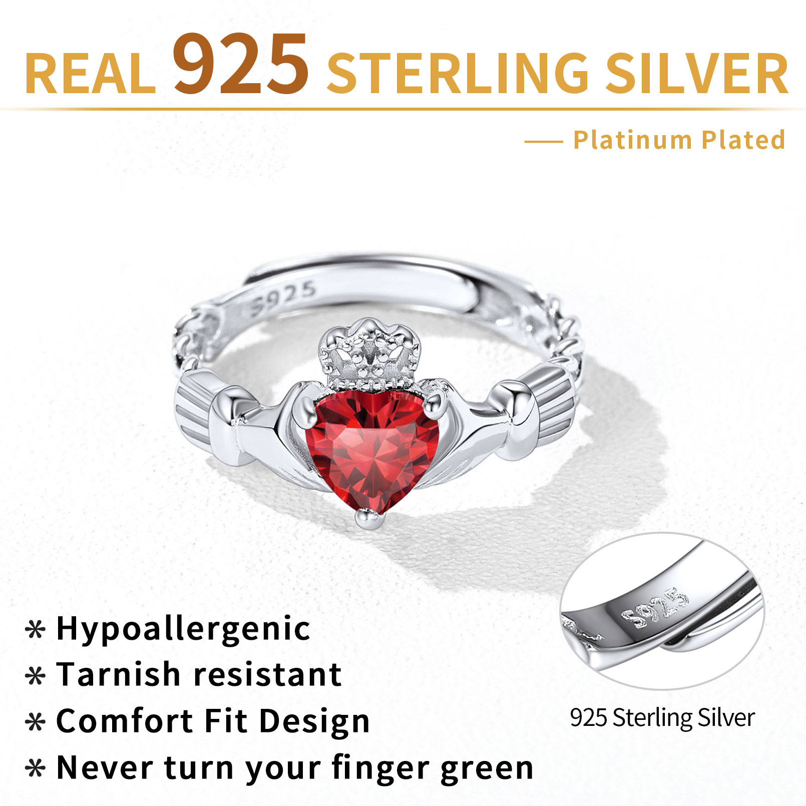 12 Months Celtic Knot Claddagh & Crown Heart Shape Birthstone Promise Ring for Women, jan birthstone, Garnet rings, Capricorn Birthstone, Aquarius Birthstone, sterling silver jewelry, gift idea