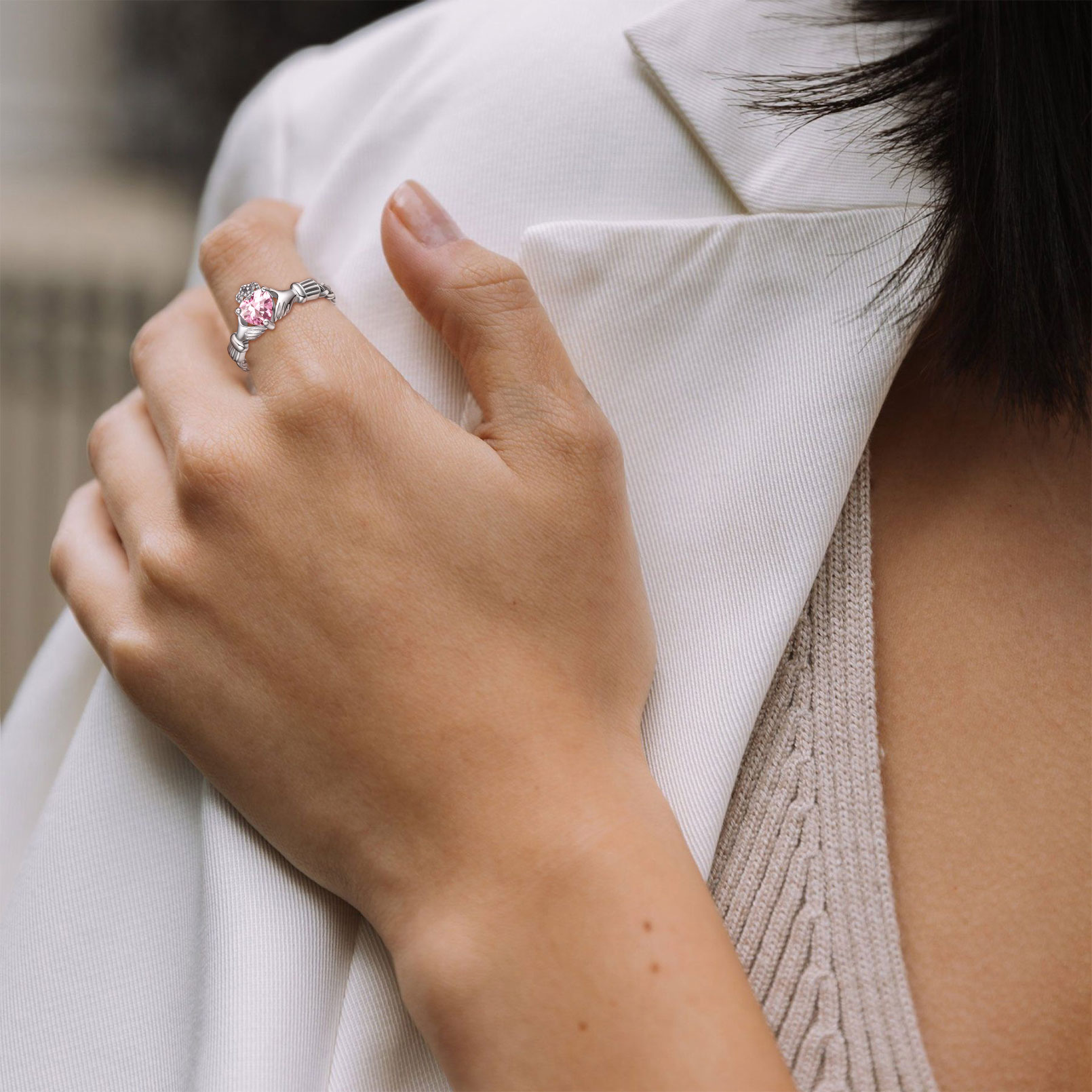 12 Months Celtic Knot Claddagh & Crown Heart Shape Birthstone Promise Ring for Women, october birthstone, Pink Tourmaline rings, Libra Birthstone, Scorpio Birthstone, sterling silver jewelry, gift idea