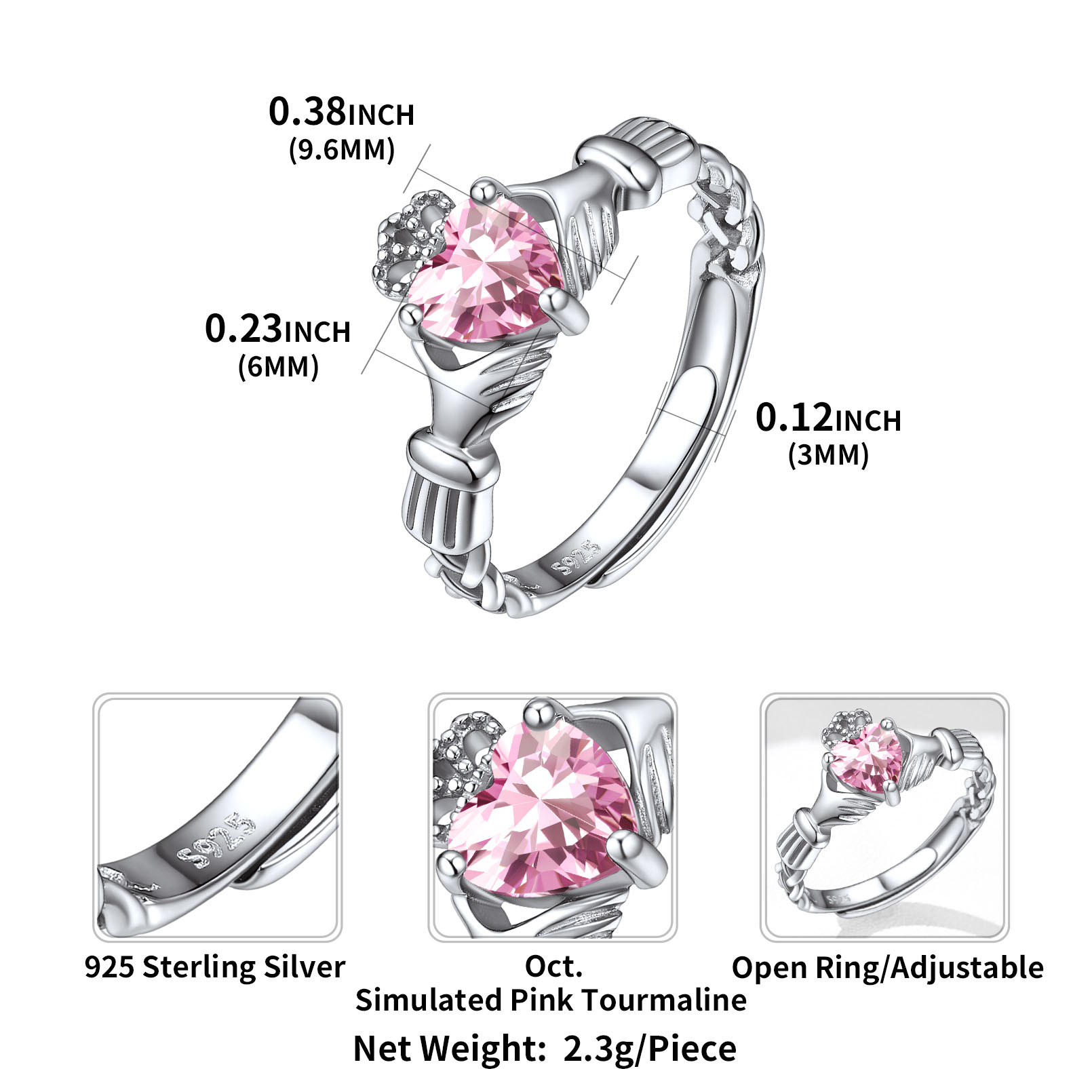 12 Months Celtic Knot Claddagh & Crown Heart Shape Birthstone Promise Ring for Women, october birthstone, Pink Tourmaline rings, Libra Birthstone, Scorpio Birthstone, sterling silver jewelry, gift idea