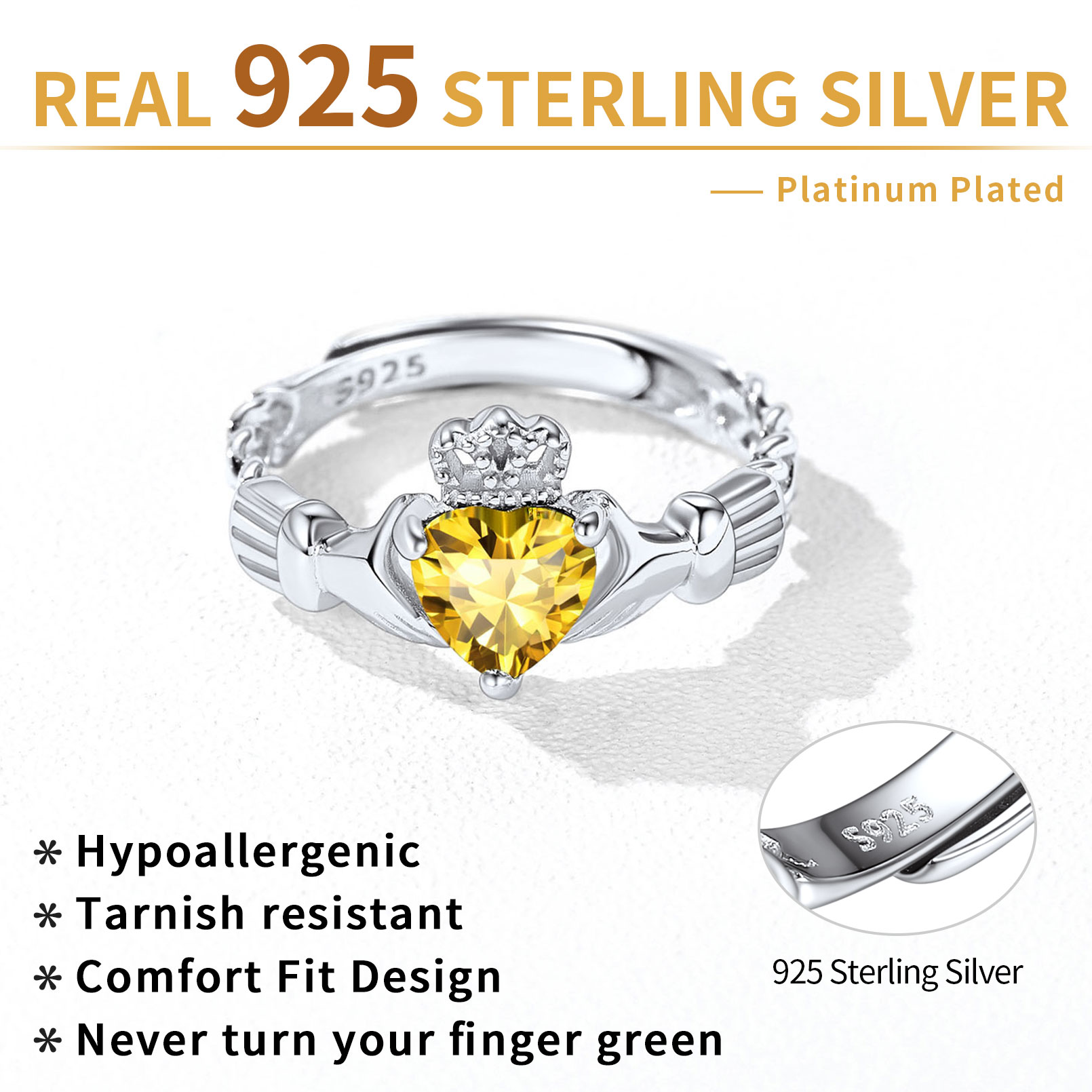 12 Months Celtic Knot Claddagh & Crown Heart Shape Birthstone Promise Ring for Women, november birthstone, Citrine Jewelry, Scorpio Birthstone, Sagittarius Birthstone, sterling silver jewlery, memorial gift, sterling silver jewelry, gift idea