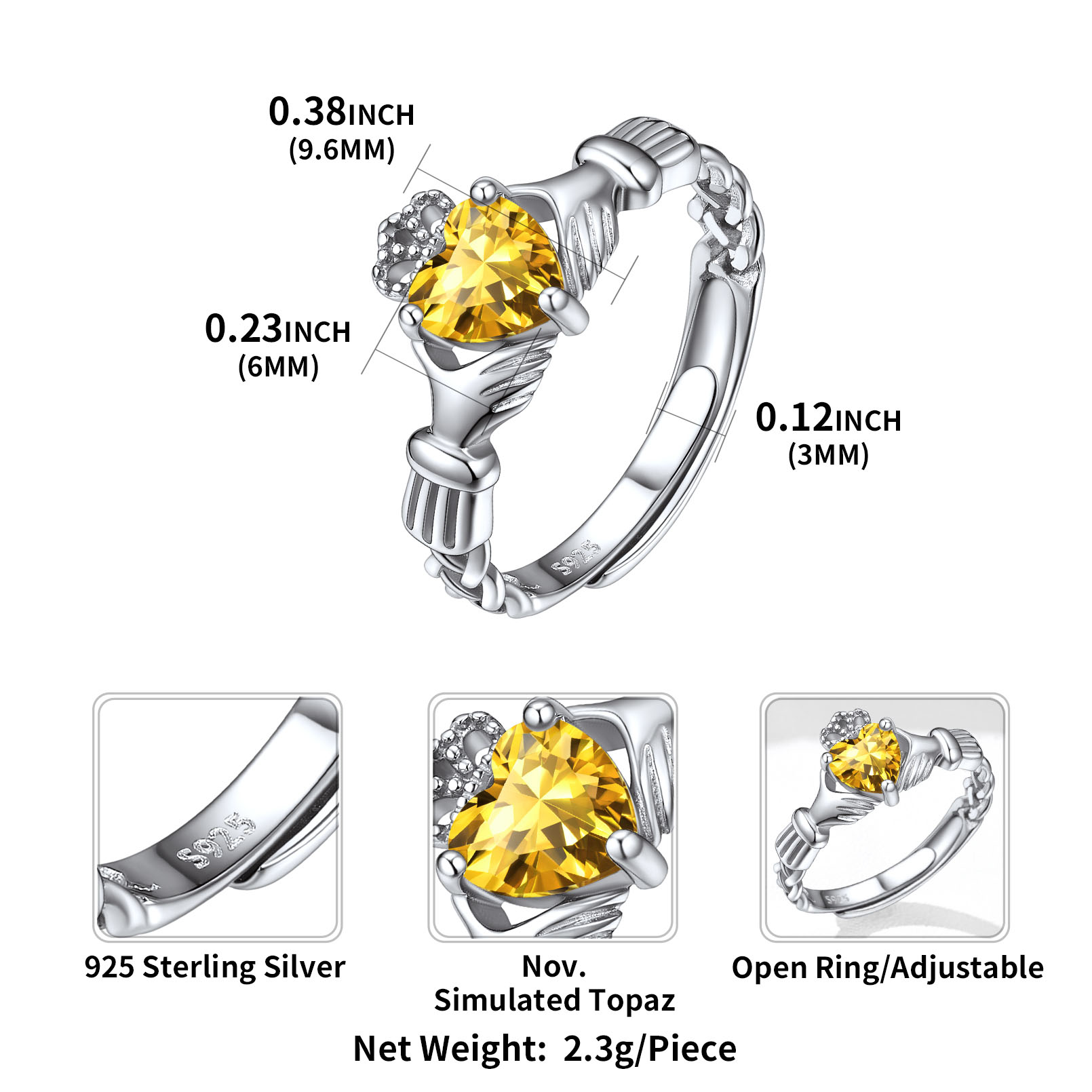 12 Months Celtic Knot Claddagh & Crown Heart Shape Birthstone Promise Ring for Women, november birthstone, Citrine Jewelry, Scorpio Birthstone, Sagittarius Birthstone, sterling silver jewlery, memorial gift, sterling silver jewelry, gift idea