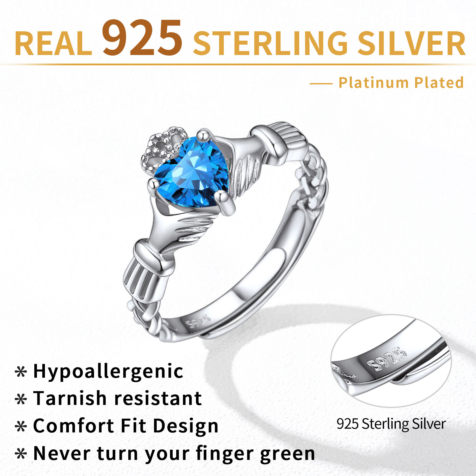 12 Months Celtic Knot Claddagh & Crown Heart Shape Birthstone Promise Ring for Women, december birthstone, Blue Topaz Jewelry, Sagittarius Birthstone,  topaz birthstone, Capricorn Birthstone, christmas gift, sterling silver jewelry, gift idea