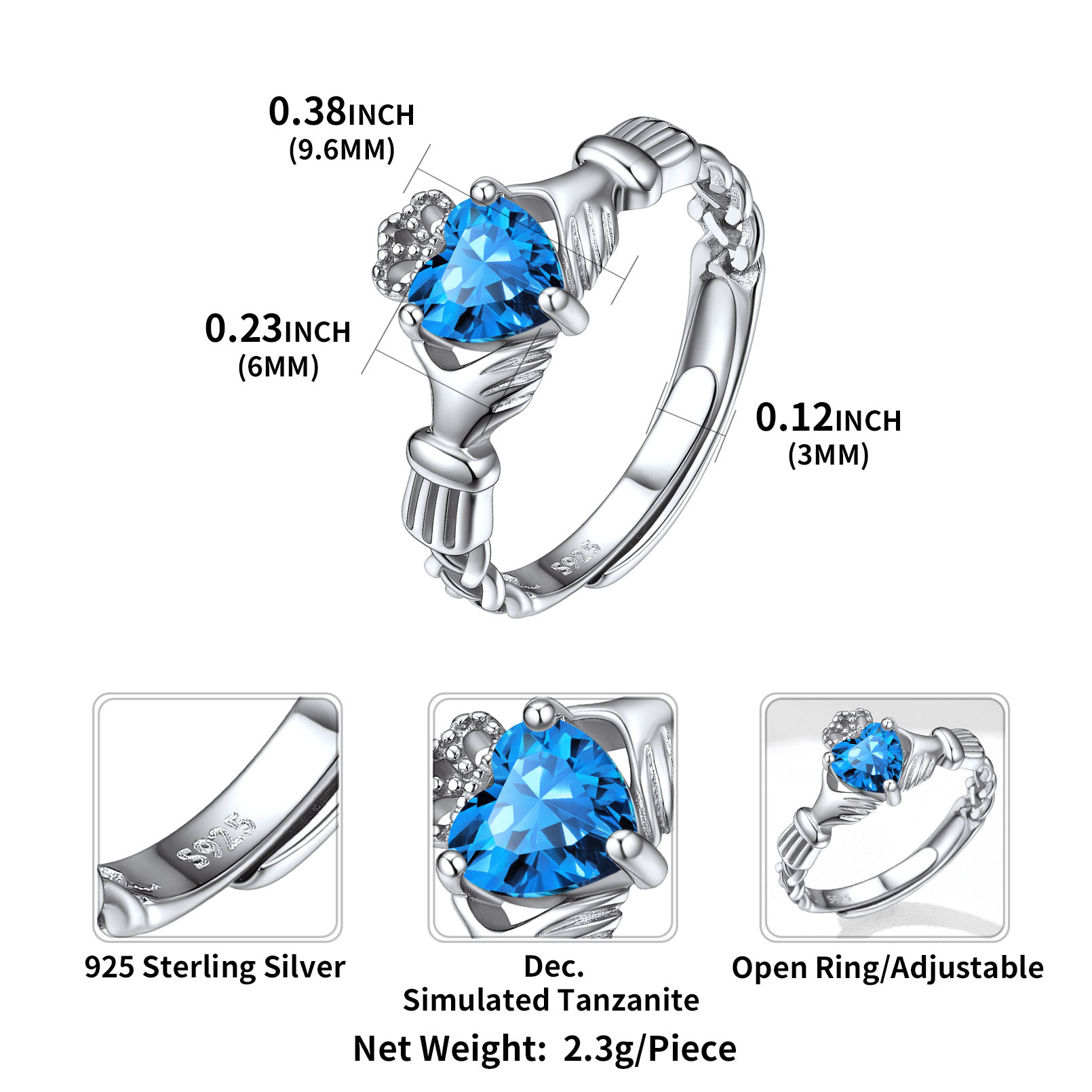 12 Months Celtic Knot Claddagh & Crown Heart Shape Birthstone Promise Ring for Women, december birthstone, Blue Topaz Jewelry, Sagittarius Birthstone,  topaz birthstone, Capricorn Birthstone, christmas gift, sterling silver jewelry, gift idea