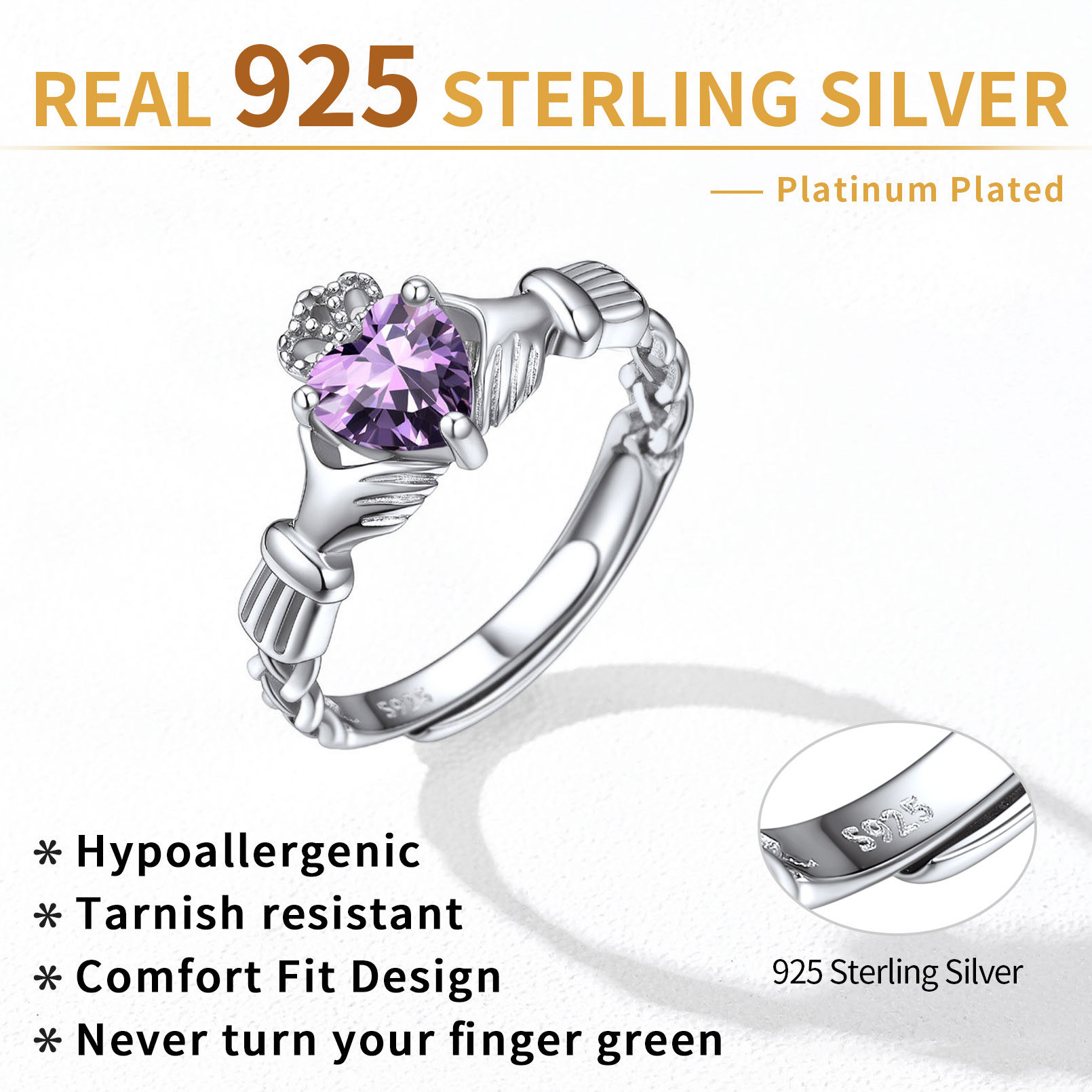 12 Months Celtic Knot Claddagh & Crown Heart Shape Birthstone Promise Ring for Women, February birthstone, Amethyst Jewelry, Pisces Birthstone, Aquarius Birthstone, sterling silver jewelry, gift idea