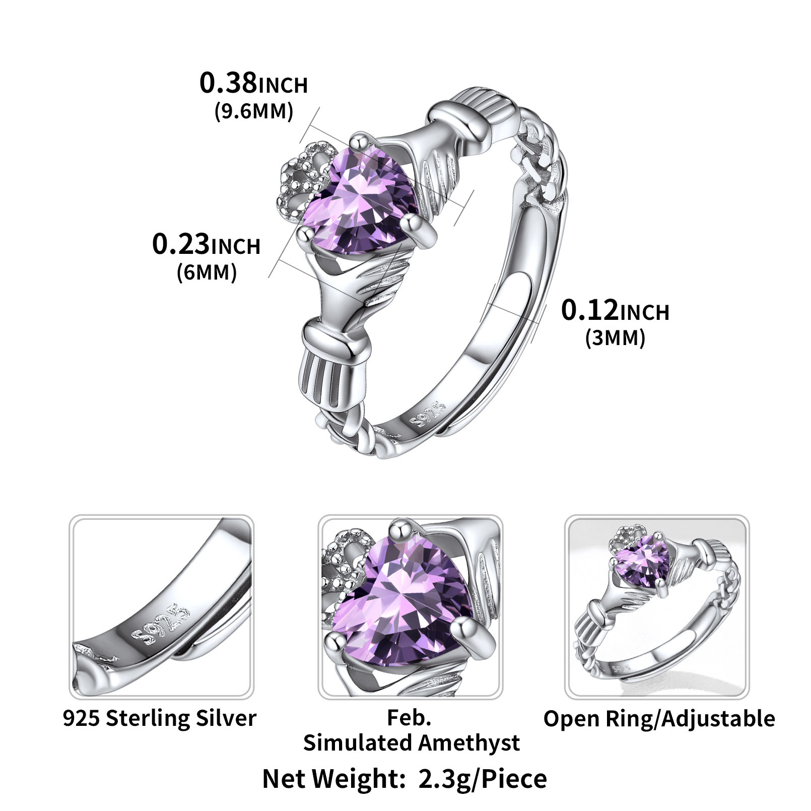 12 Months Celtic Knot Claddagh & Crown Heart Shape Birthstone Promise Ring for Women, February birthstone, Amethyst Jewelry, Pisces Birthstone, Aquarius Birthstone, sterling silver jewelry, gift idea