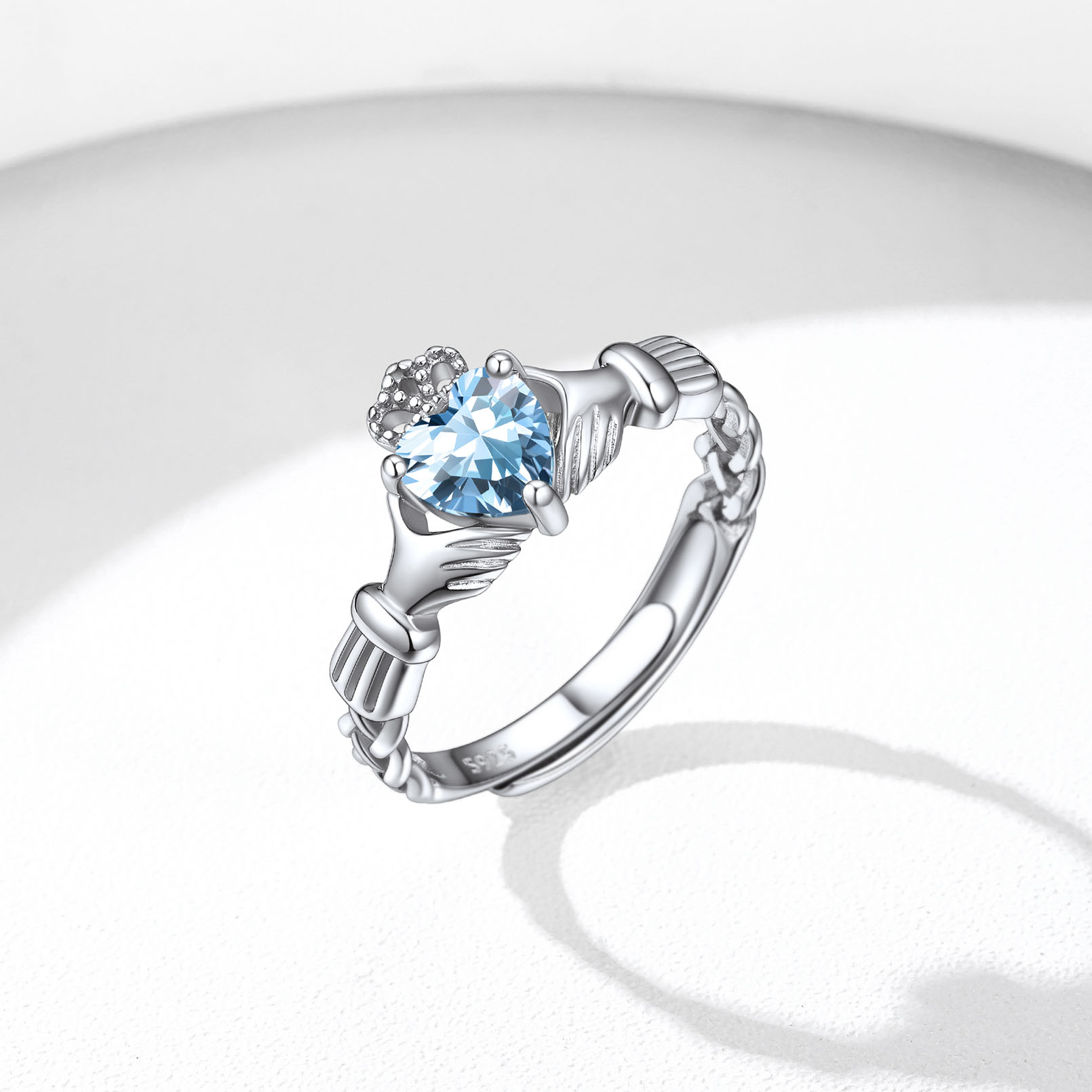 12 Months Celtic Knot Claddagh & Crown Heart Shape Birthstone Promise Ring for Women, march birthstone, Aquamarine rings, Pisces Birthstone, Aries Birthstone, sterling silver jewelry, gift idea