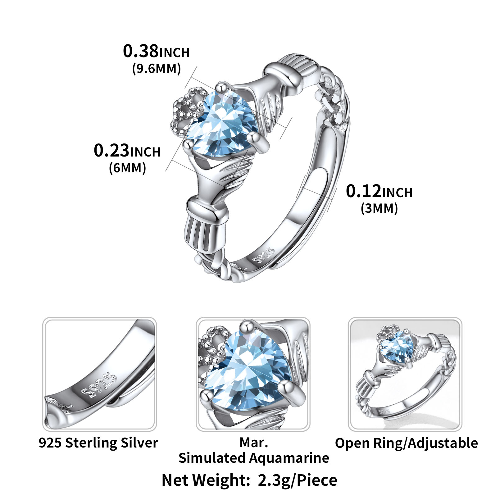 12 Months Celtic Knot Claddagh & Crown Heart Shape Birthstone Promise Ring for Women, march birthstone, Aquamarine rings, Pisces Birthstone, Aries Birthstone, sterling silver jewelry, gift idea