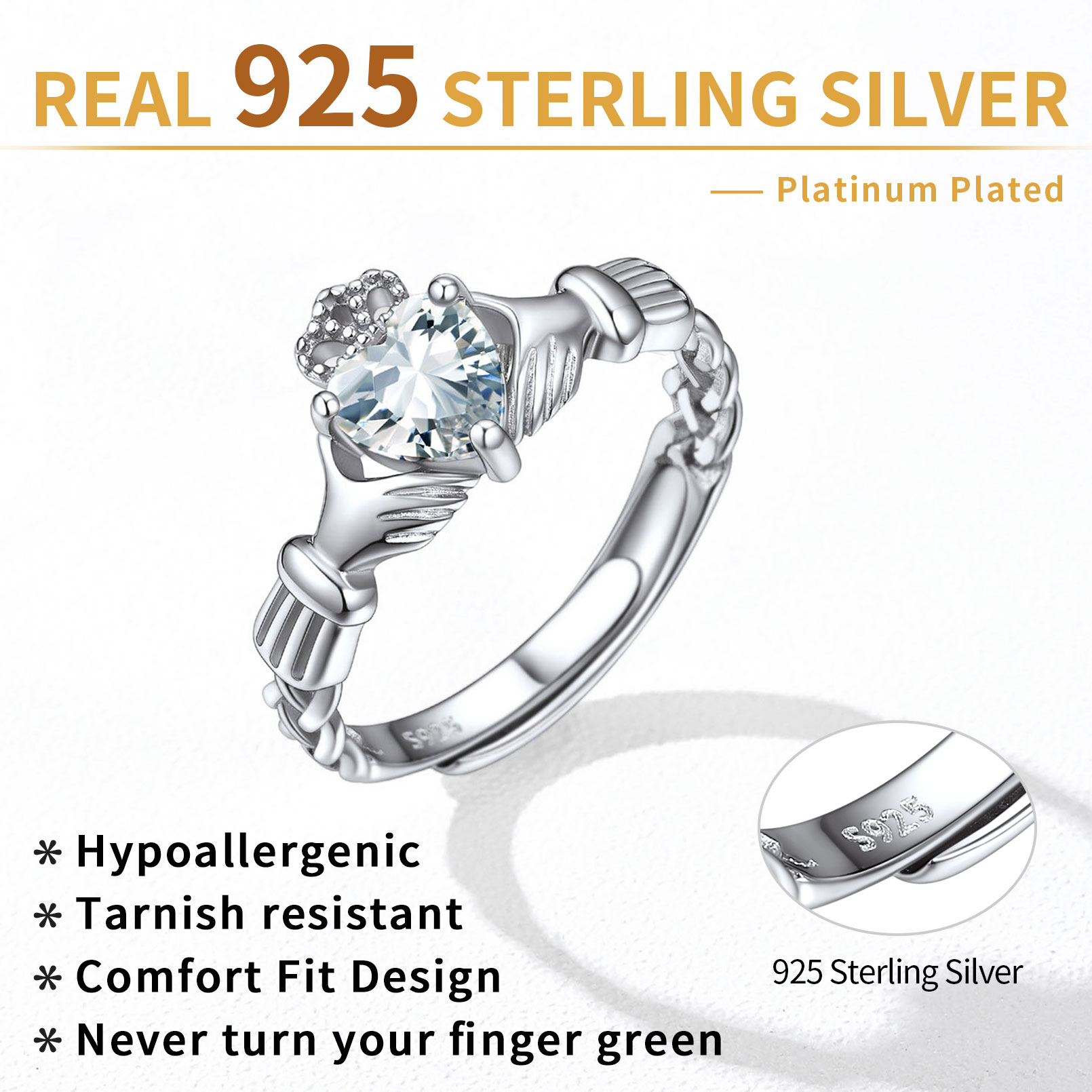 12 Months Celtic Knot Claddagh & Crown Heart Shape Birthstone Promise Ring for Women, april birthstone, Diamond Jewelry, Aries Birthstone, Taurus Birthstone, sterling silver jewelry, gift idea