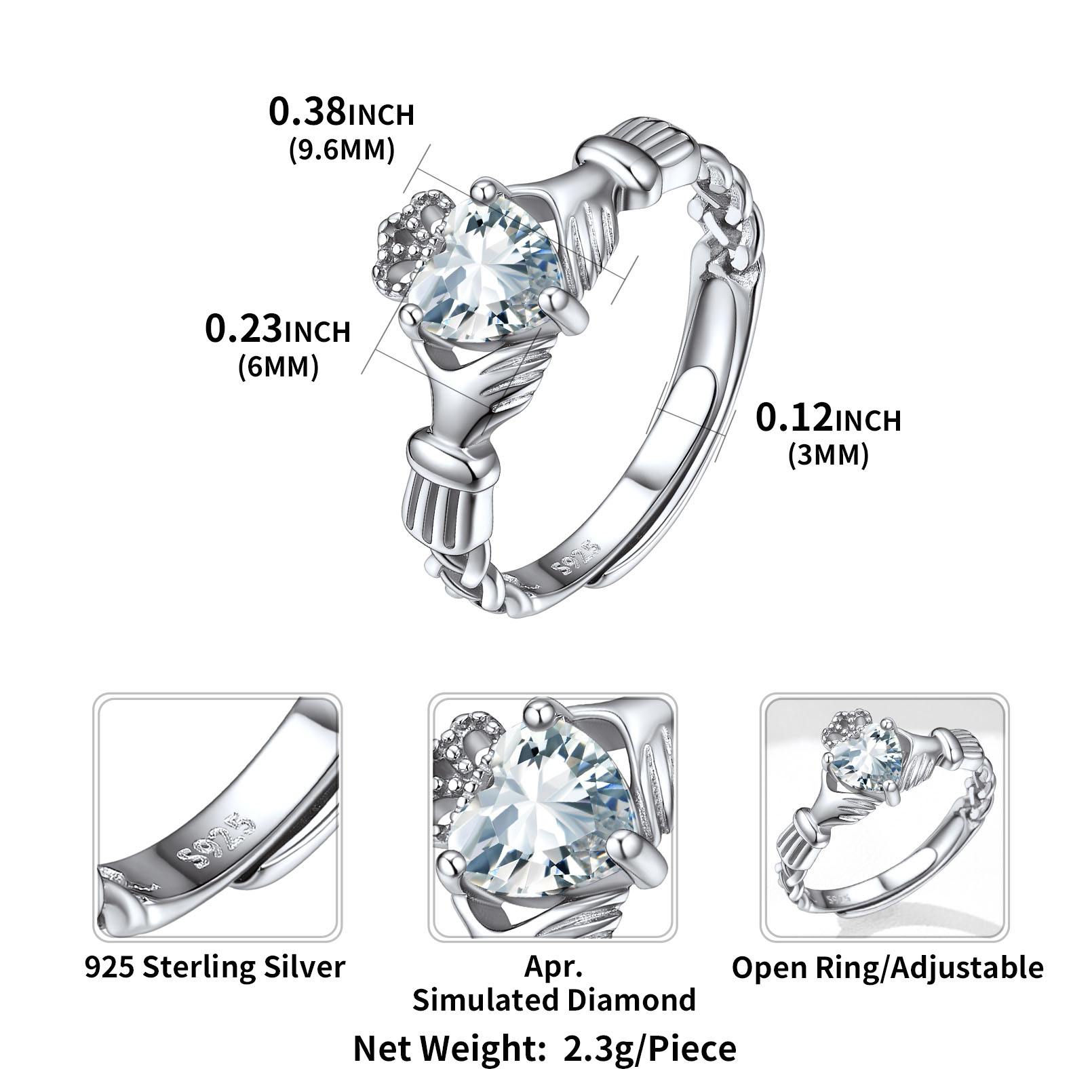 12 Months Celtic Knot Claddagh & Crown Heart Shape Birthstone Promise Ring for Women, april birthstone, Diamond Jewelry, Aries Birthstone, Taurus Birthstone, sterling silver jewelry, gift idea