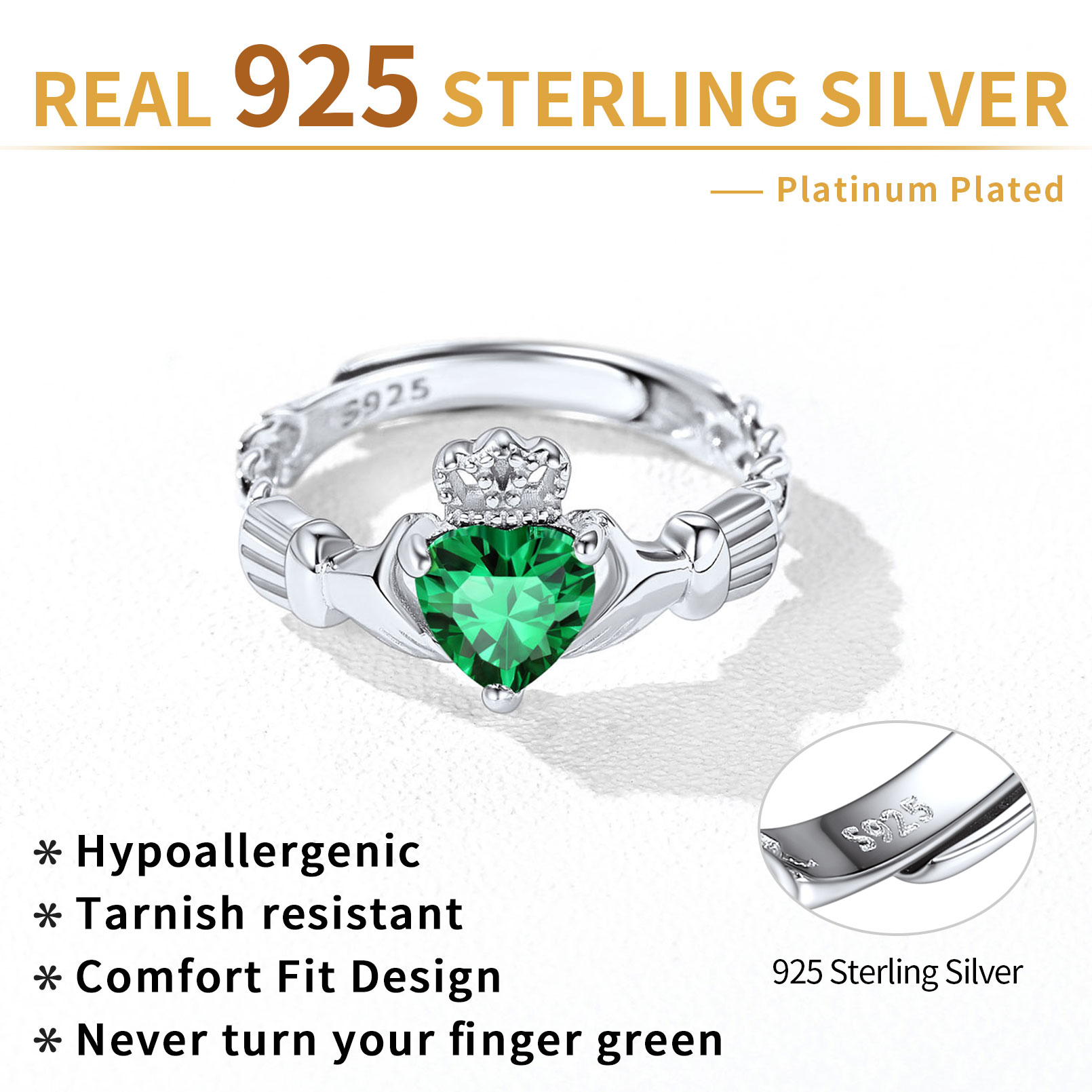 12 Months Celtic Knot Claddagh & Crown Heart Shape Birthstone Promise Ring for Women, may birthstone, Emerald rings, Taurus Birthstone, Gemini Birthstone, sterling silver jewelry, gift idea