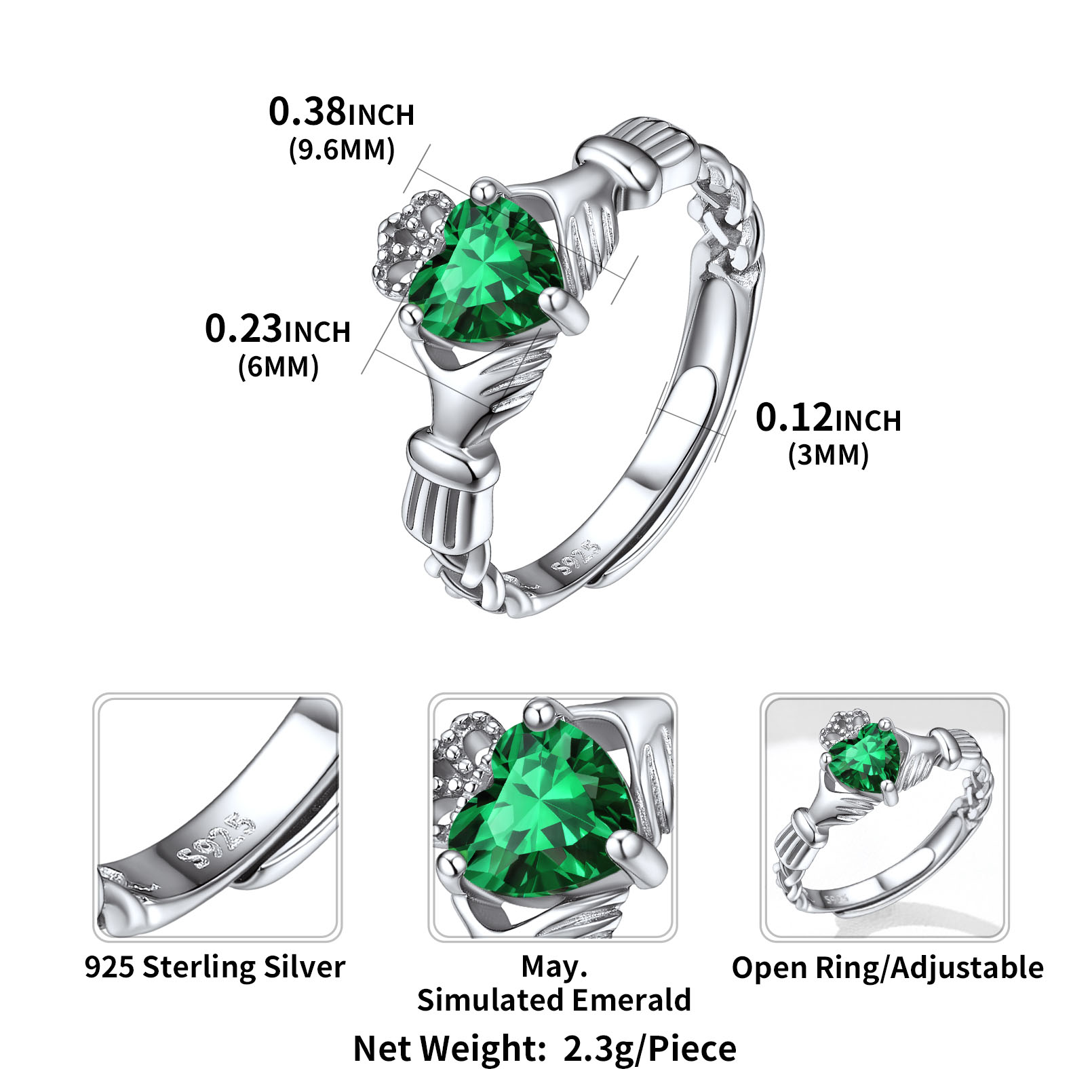 12 Months Celtic Knot Claddagh & Crown Heart Shape Birthstone Promise Ring for Women, may birthstone, Emerald rings, Taurus Birthstone, Gemini Birthstone, sterling silver jewelry, gift idea