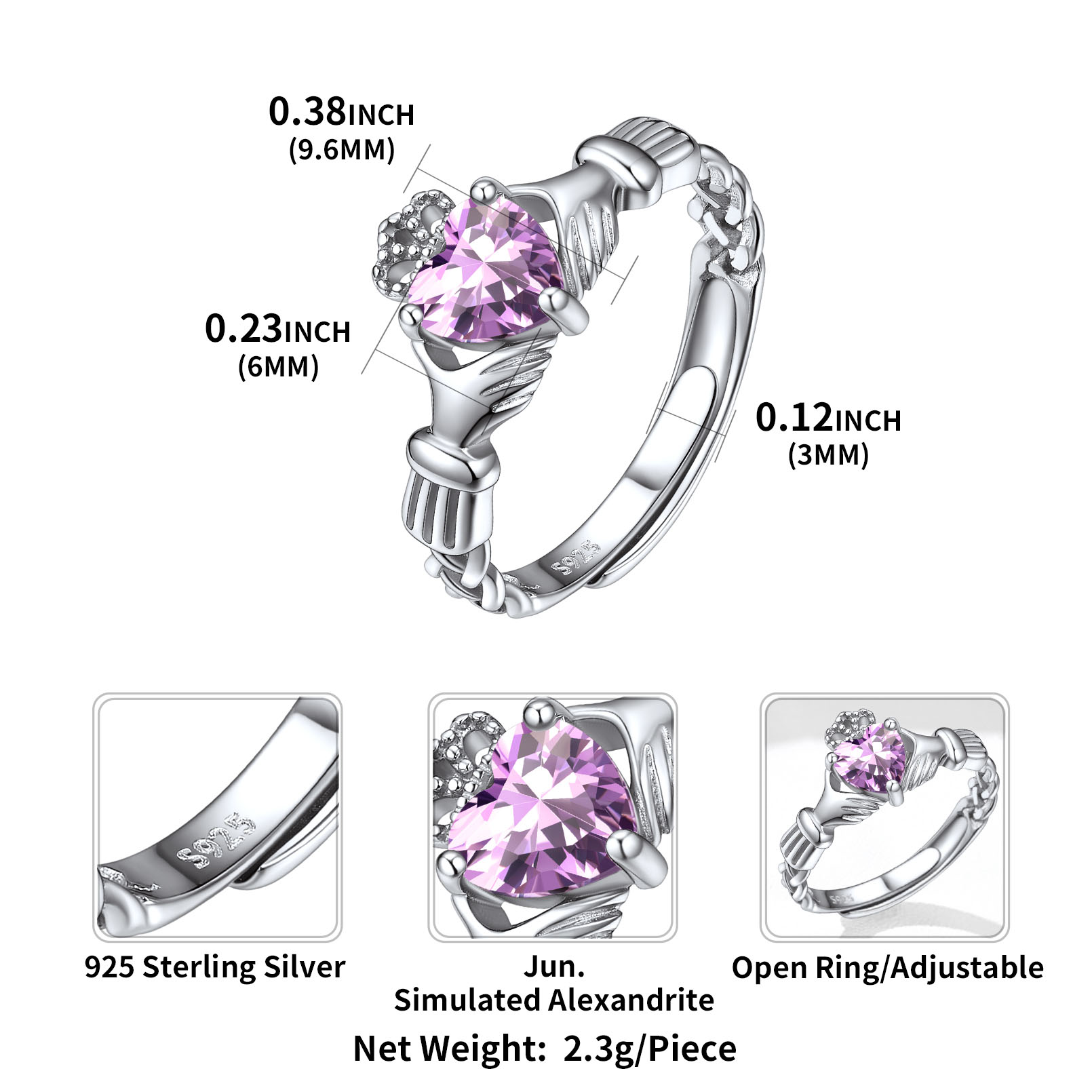 12 Months Celtic Knot Claddagh & Crown Heart Shape Birthstone Promise Ring for Women, june birthstone, Alexandrite Jewelry, Gemini Birthstone, Cancer Birthstone, sterling silver jewelry, gift idea