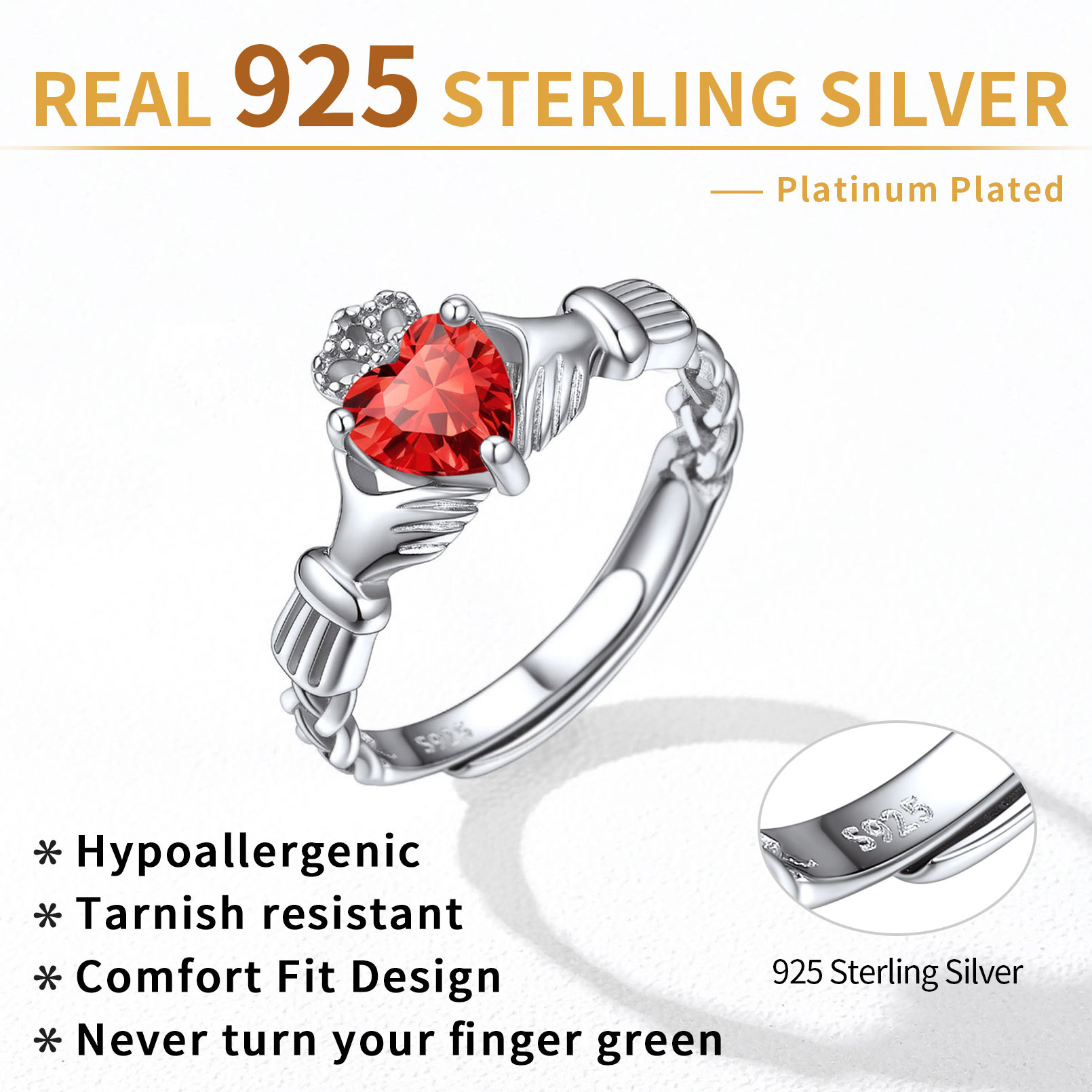 12 Months Celtic Knot Claddagh & Crown Heart Shape Birthstone Promise Ring for Women, july birthstone, Ruby rings, Cancer Birthstone, Leo Birthstone, sterling silver jewelry, gift idea