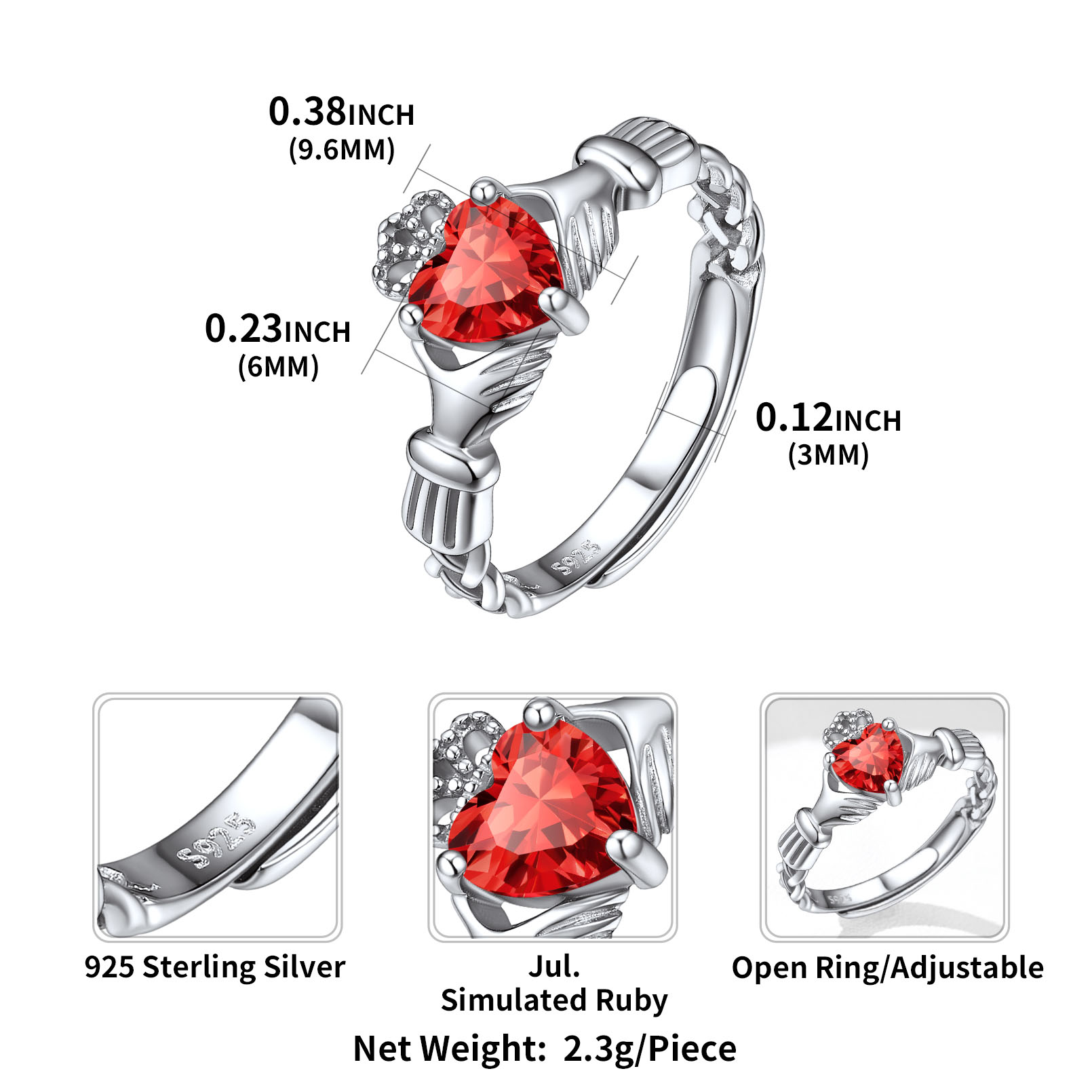 12 Months Celtic Knot Claddagh & Crown Heart Shape Birthstone Promise Ring for Women, july birthstone, Ruby rings, Cancer Birthstone, Leo Birthstone, sterling silver jewelry, gift idea