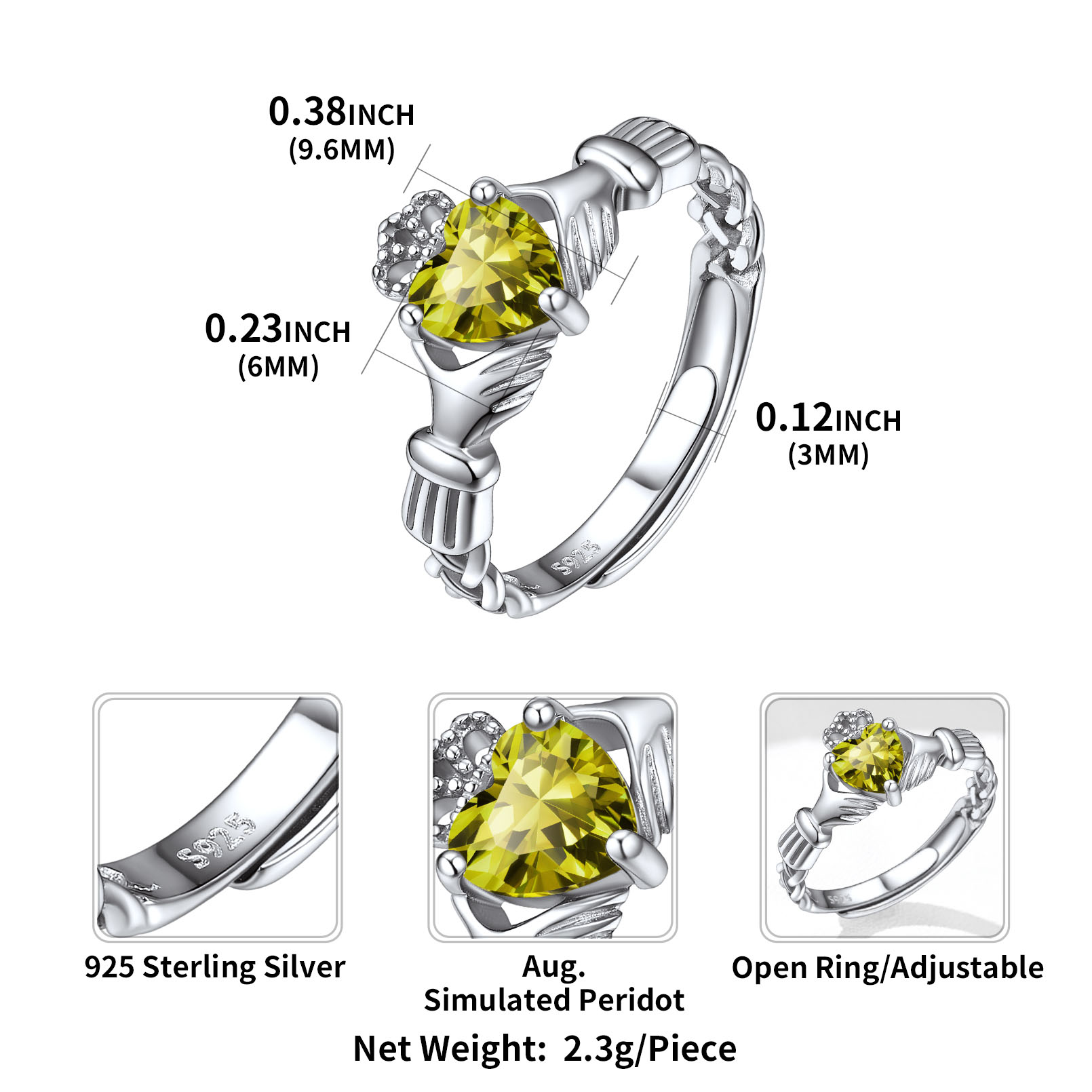 12 Months Celtic Knot Claddagh & Crown Heart Shape Birthstone Promise Ring for Women, august birthstone, Peridot Necklace, Leo Birthstone, Virgo Birthstone, sterling silver jewelry, gift idea