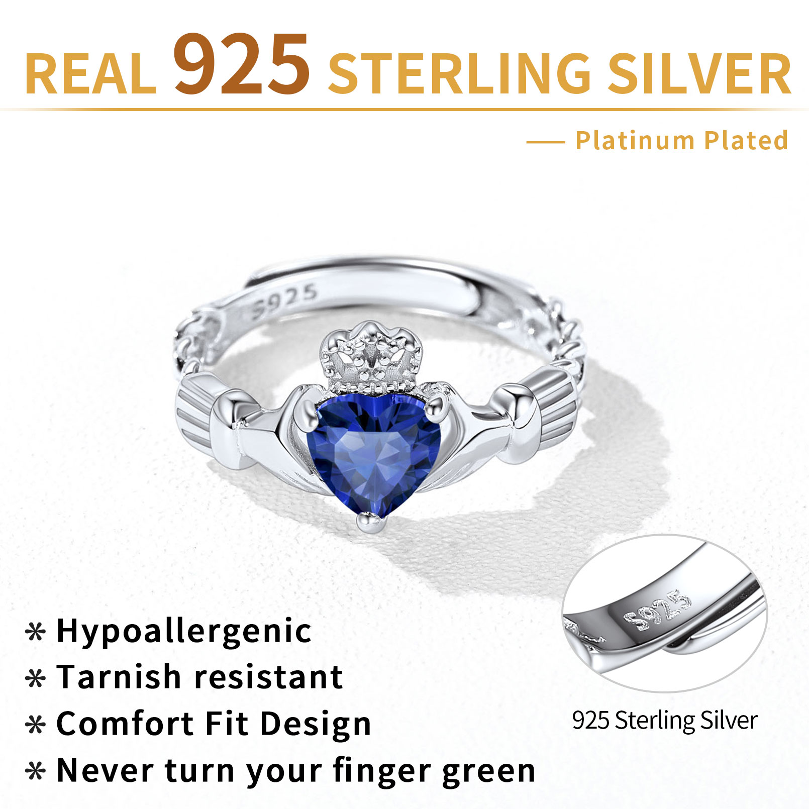 12 Months Celtic Knot Claddagh & Crown Heart Shape Birthstone Promise Ring for Women, september birthstone, Sapphire Jewelry, Virgo Birthstone, Libra Birthstone, sterling silver jewelry, gift idea