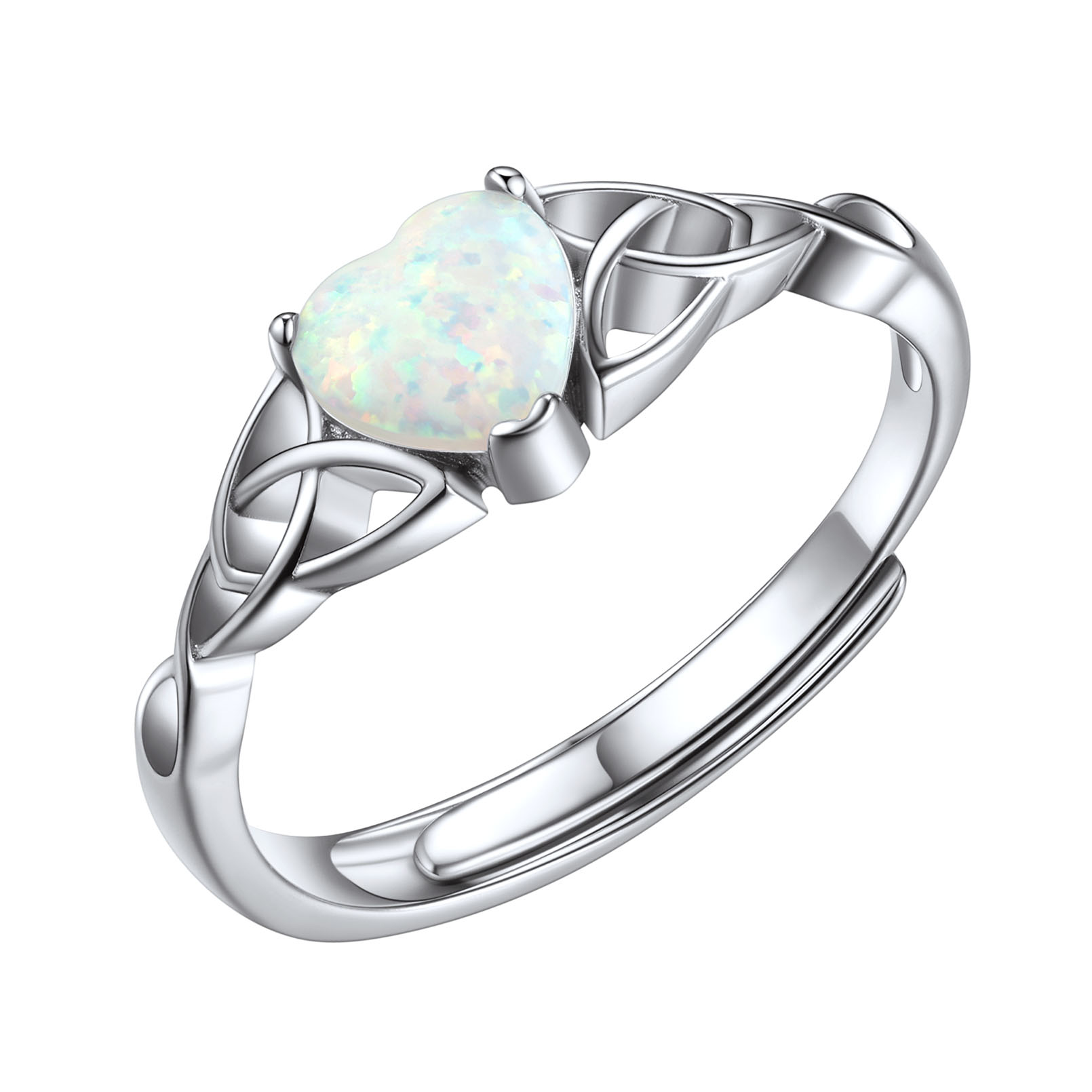 White Opal Celtic Knot Claddagh Heart Shape Birthstone Promise Ring