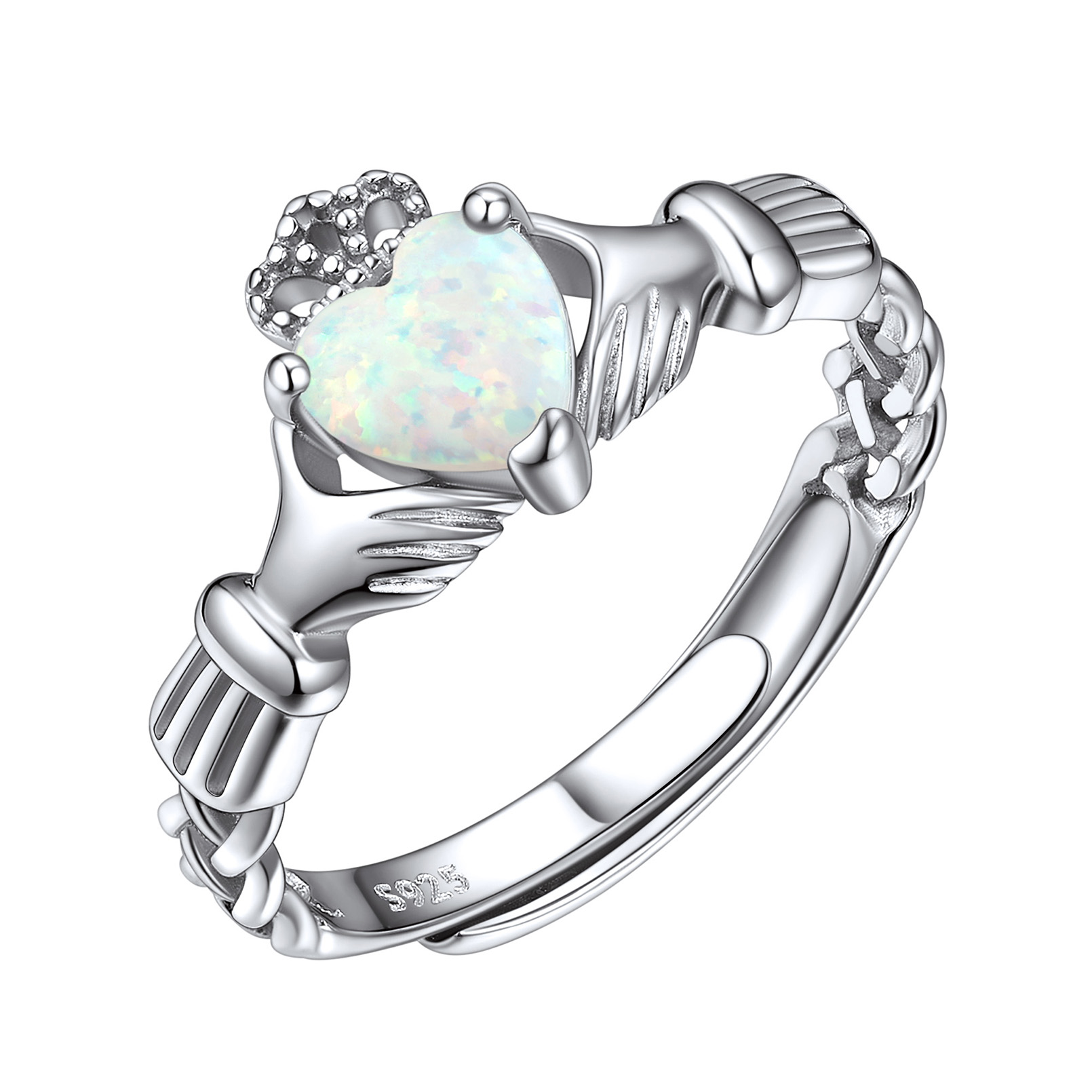 White Opal Claddagh Heart Shape Birthstone Promise Ring