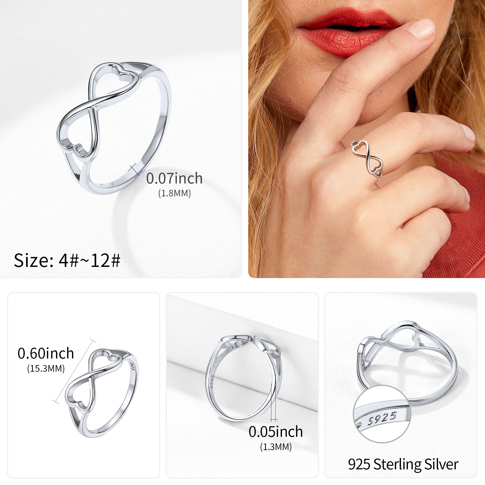 Silver Simple Heart Infinity Knot Eternity Wedding Band Promise Rings for Women, Ladies  Details: Dimensions, Hypoallergenic, size for 4-12