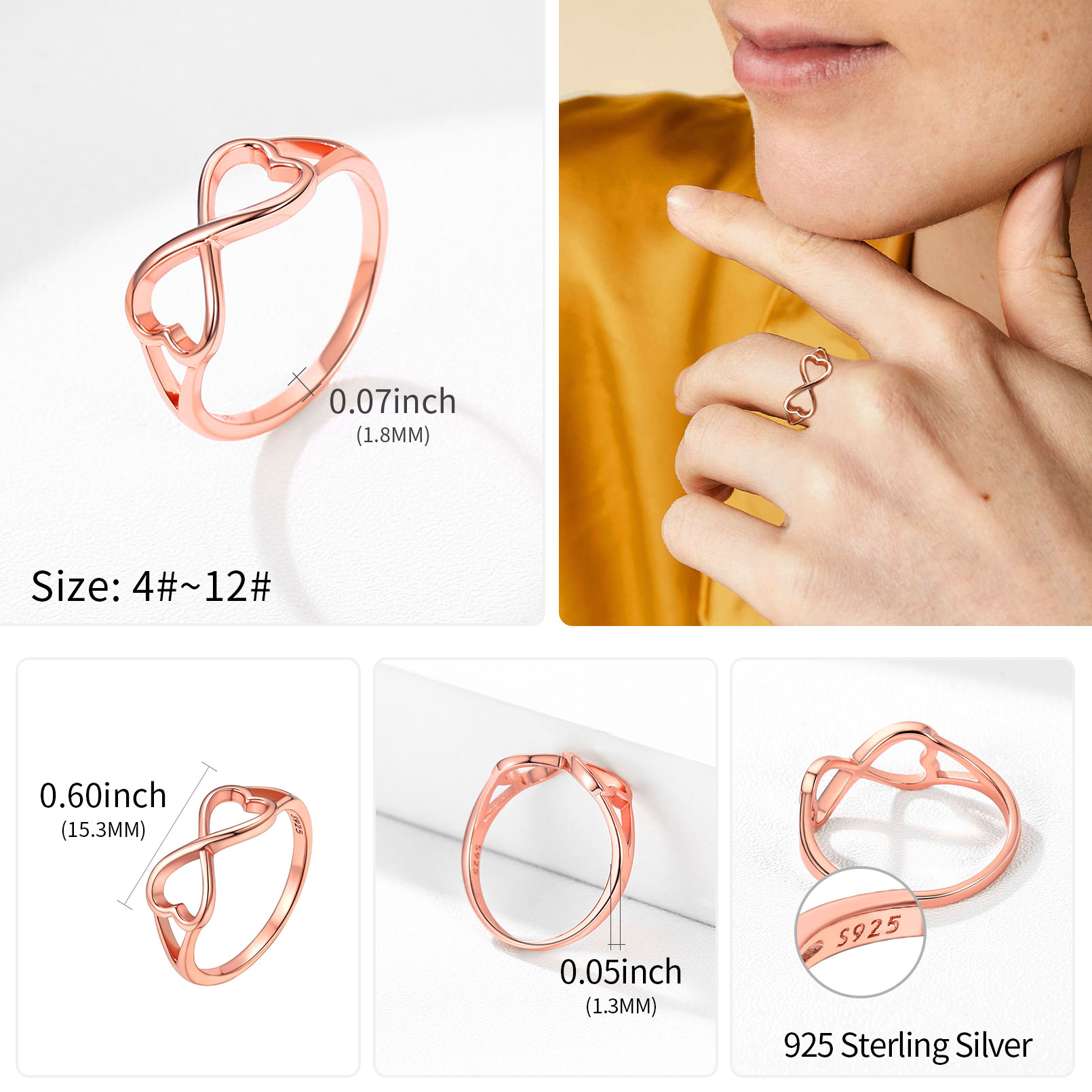 Rose Gold Simple Heart Infinity Knot Eternity Wedding Band Promise Rings for Women, Ladies  Details: Dimensions, Hypoallergenic, size for 4-12