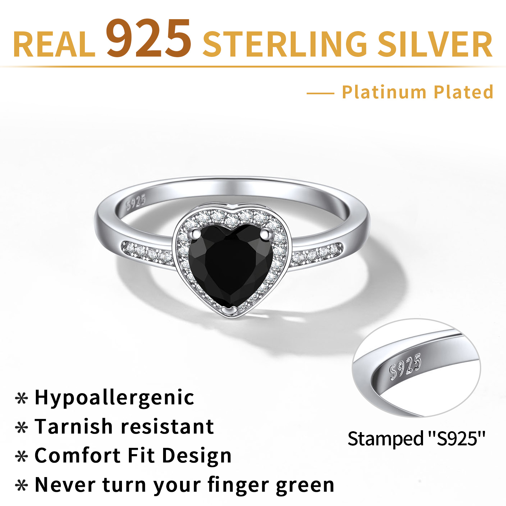 Sterling Silver 6.5mm Heart Ring Black Zirconia Halo Ring For Women