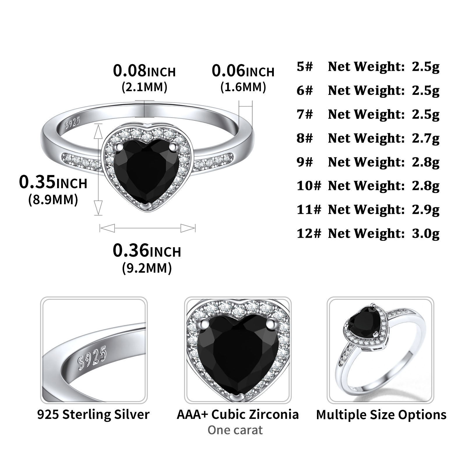 Sterling Silver 6.5mm Heart Ring Black Zirconia Halo Ring For Women