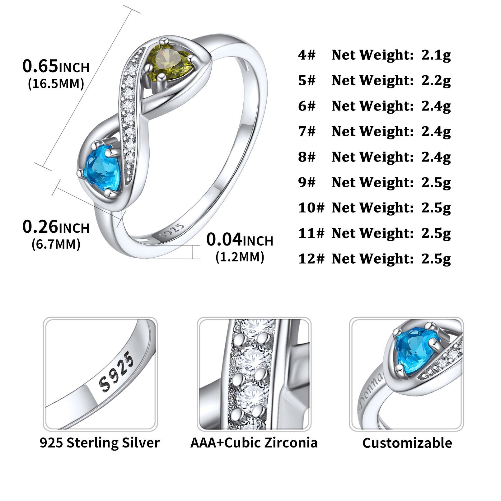 Personalized Infinity Birthstone Promise Rings Details: Dimensions, Hypoallergenic, us 4-12