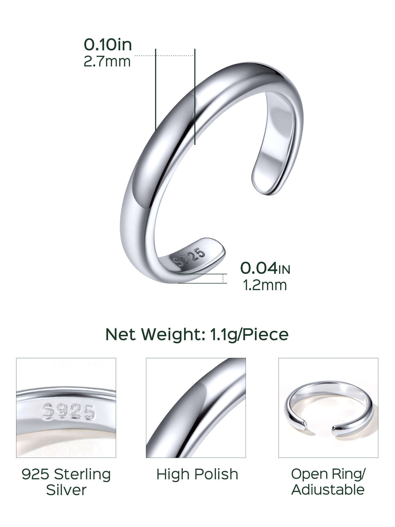 Minimalist Thin Band Open Toe Rings Details: Dimensions, Hypoallergenic, Adjustable size