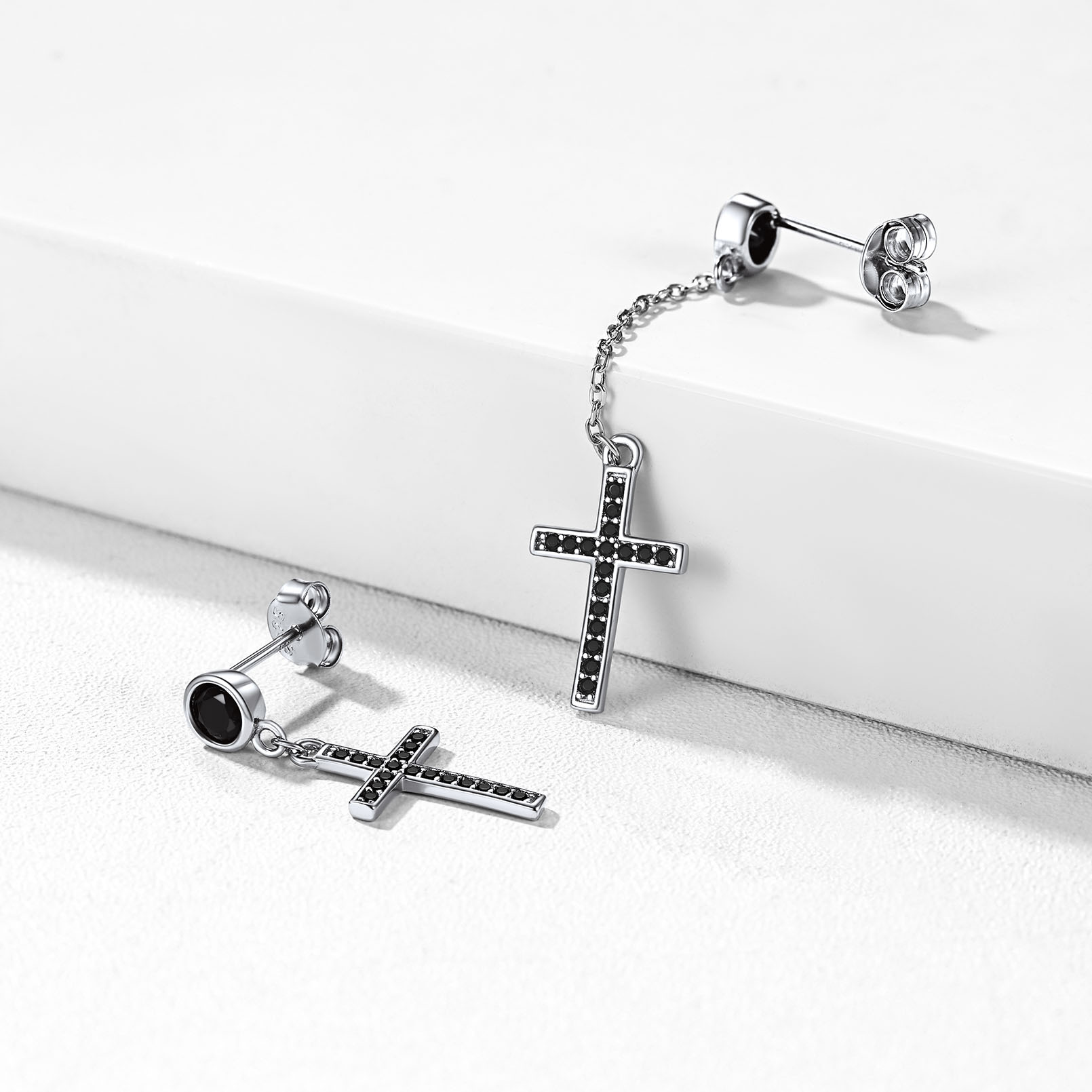 Cubic Zirconia Asymmetry Cross Dangle Earrings in Black, Sterling Silver-01