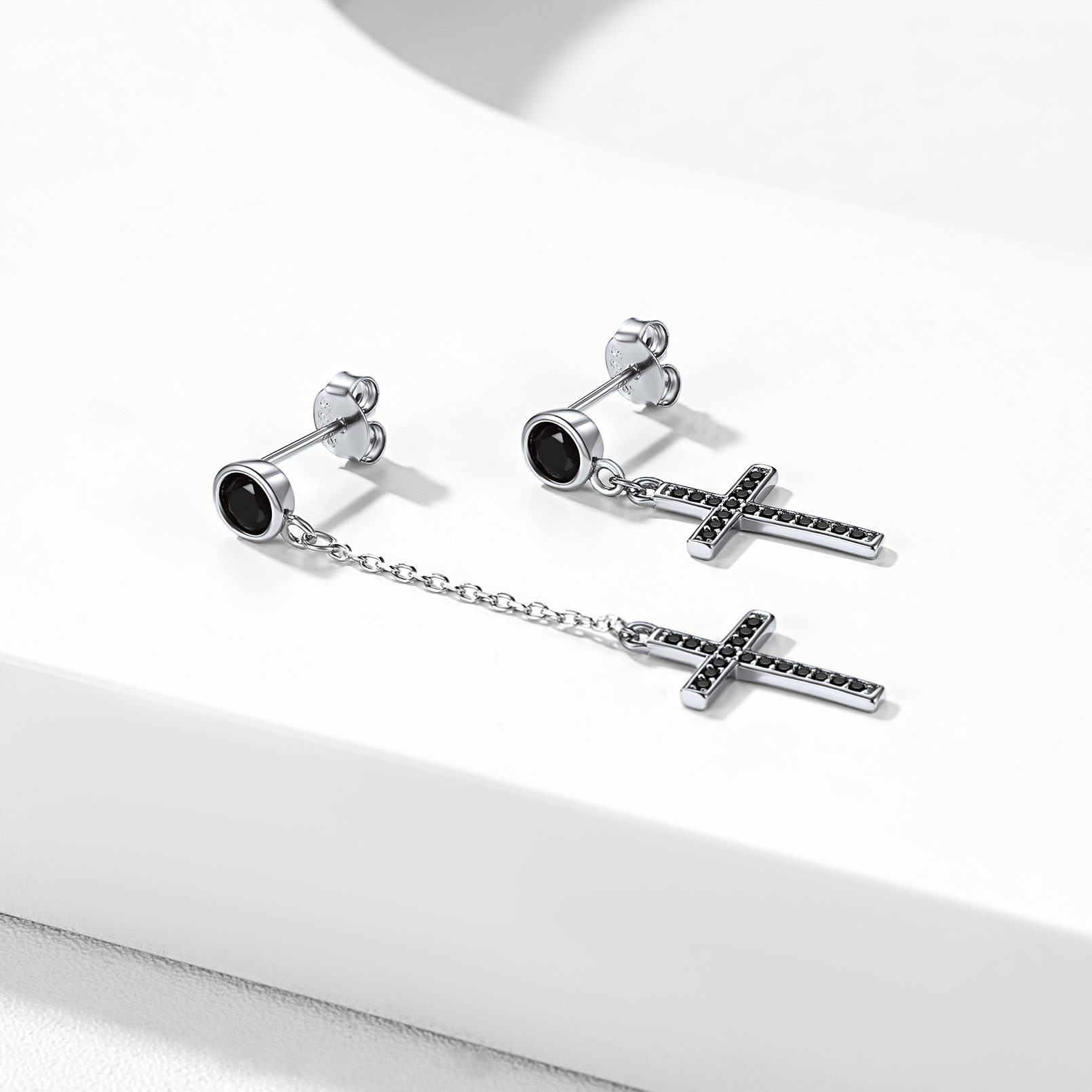Cubic Zirconia Asymmetry Cross Dangle Earrings in Black, Sterling Silver-02