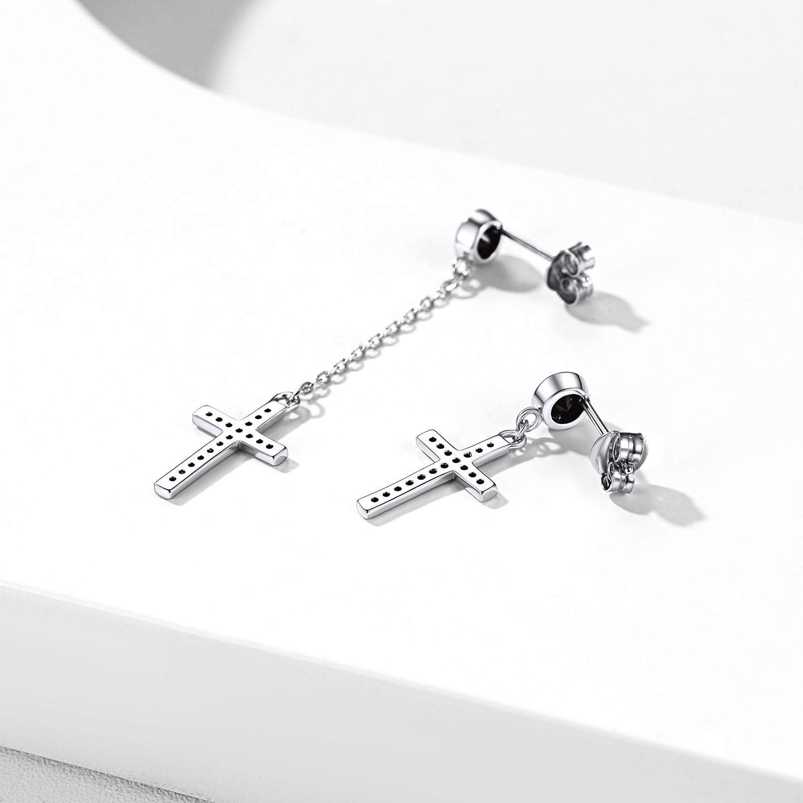 Cubic Zirconia Asymmetry Cross Dangle Earrings in Black, Sterling Silver-03
