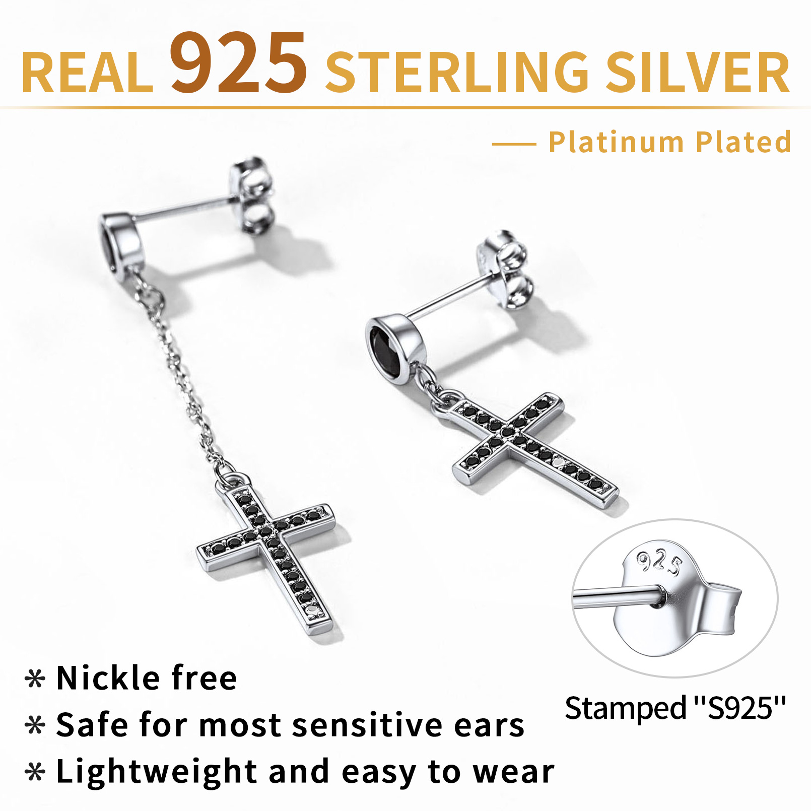 Cubic Zirconia Asymmetry Cross Dangle Earrings in Black Description - Hypoallergenic, Premium Material