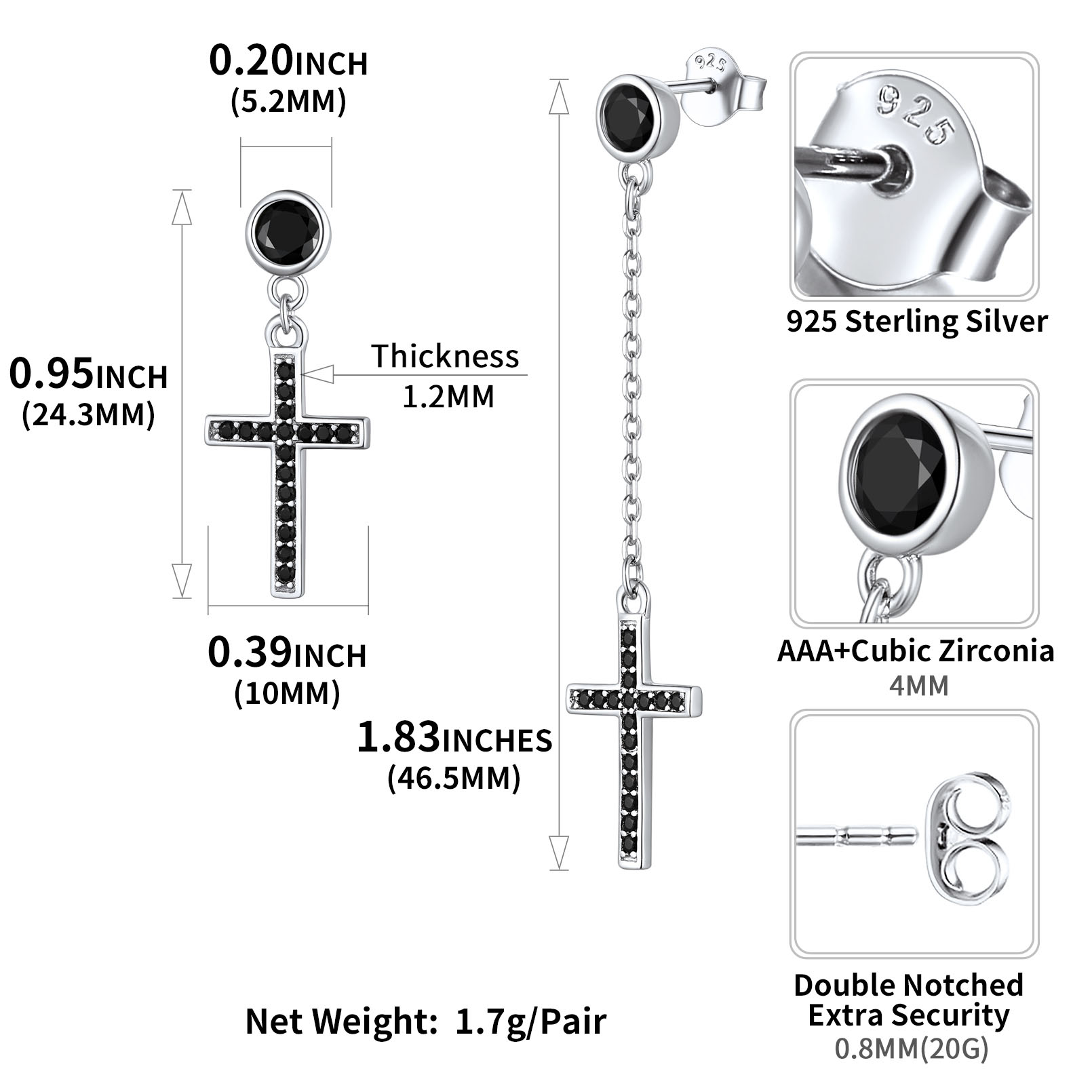 Cubic Zirconia Asymmetry Cross Dangle Earrings in Black Details Dimensions, Hypoallergenic, Push Back Finding