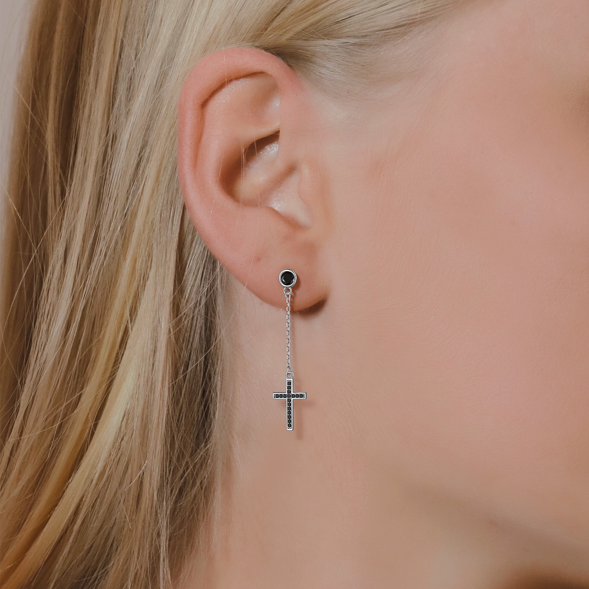 Cubic Zirconia Asymmetry Cross Dangle Earrings in Black for Women-01