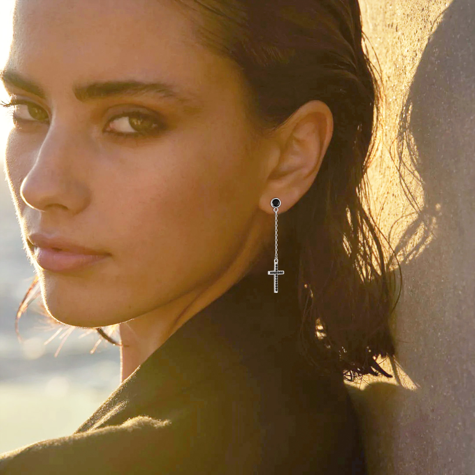 Cubic Zirconia Asymmetry Cross Dangle Earrings in Black for Women-02